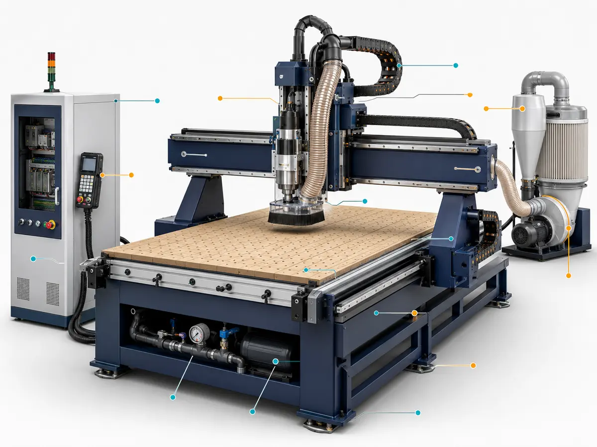 راوتر CNC يوضح الهيكل الرئيسي والجسر والطاولة ومغزل التشغيل ونظام التحكم ومناطق تثبيت قطعة العمل