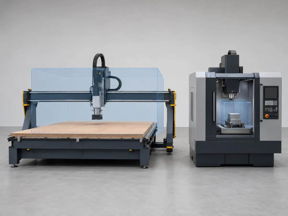 رسم توضيحي مفاهيمي يقارن نطاقي عمل راوتر CNC وفريزة CNC