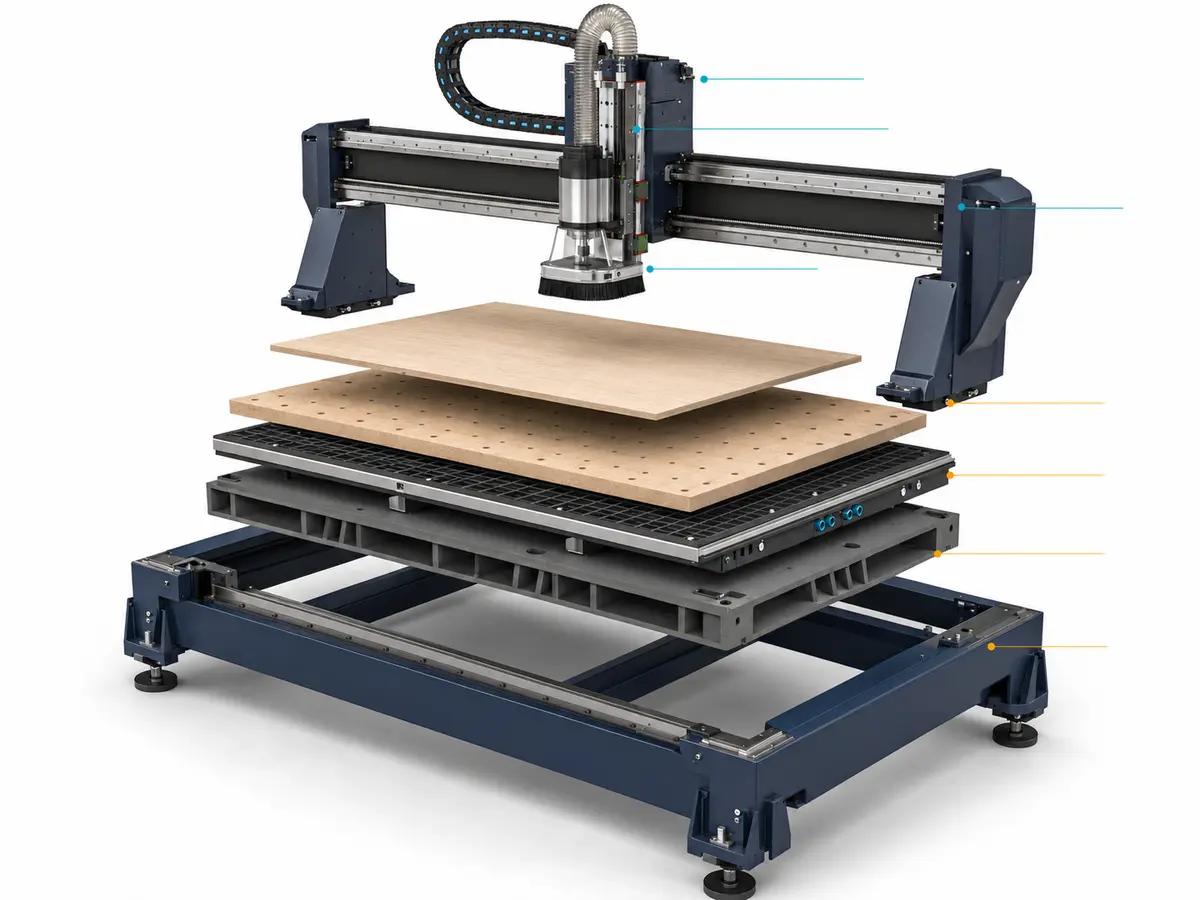 المناطق الهيكلية لراوتر CNC، بما في ذلك الهيكل والطاولة والجسر ومحور Z
