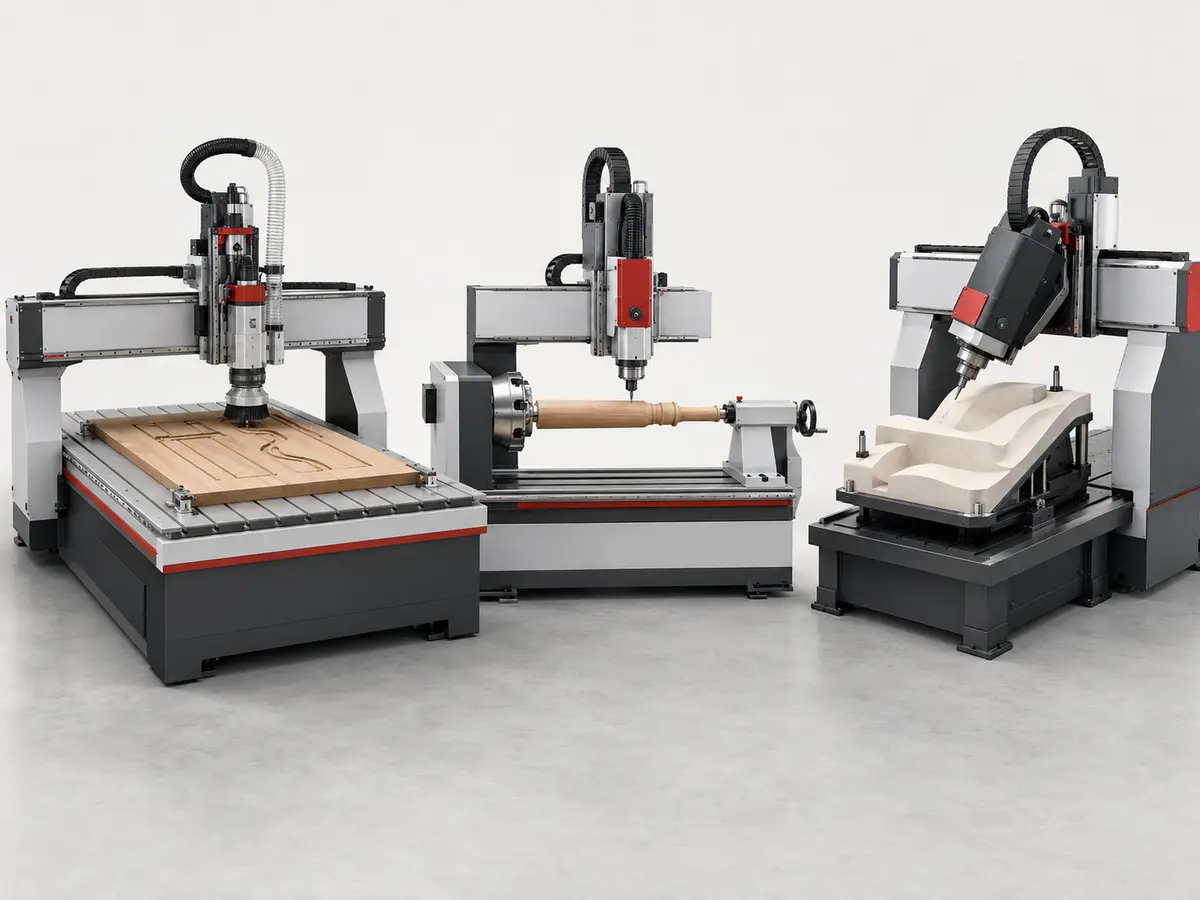 Comparación conceptual de las configuraciones de router CNC de 3 ejes, 4 ejes rotativos y 5 ejes.