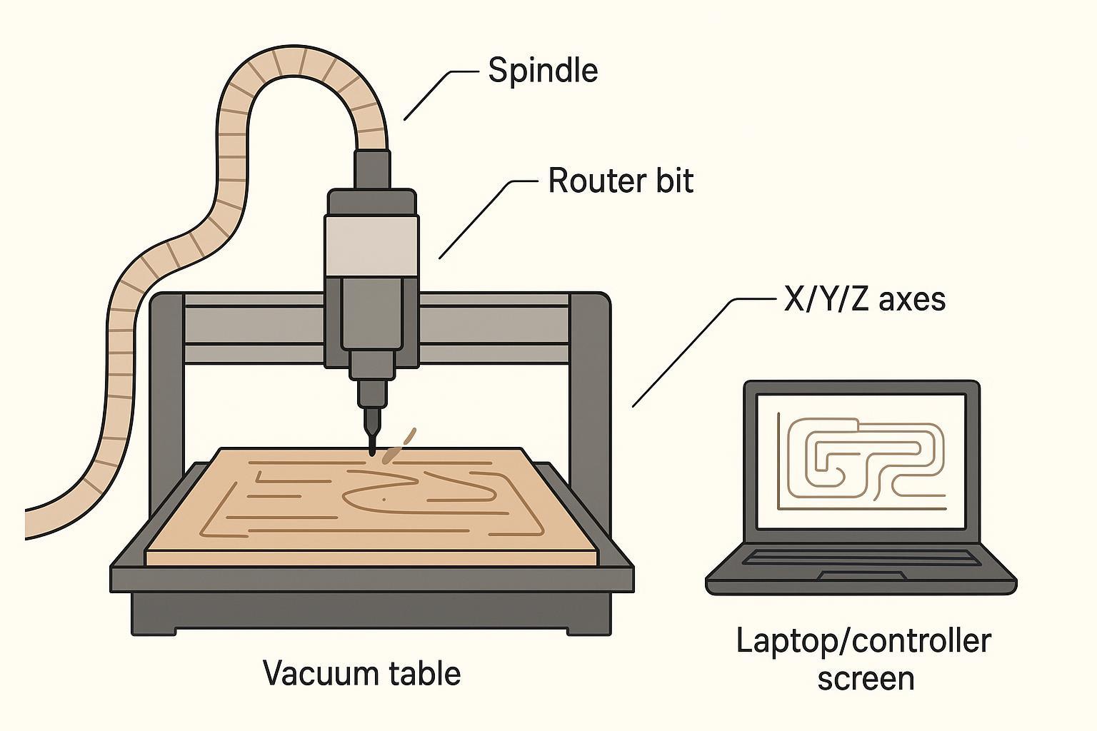 Illustration of a woodworking CNC router: a gantry machine cutting a wood sheet with labeled parts (spindle, router bit, vacuum table, X/Y/Z axes) and a controller screen showing toolpaths.