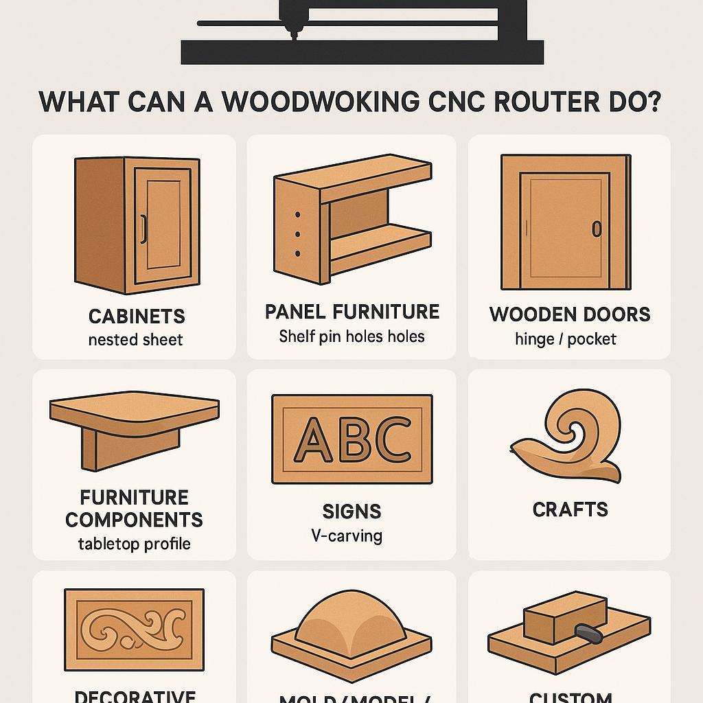 Illustration of what a woodworking CNC router can do: a grid of common applications (cabinets, panel furniture drilling, door pockets, furniture parts, signs, crafts, decorative panels, molds/prototypes, and custom jigs).