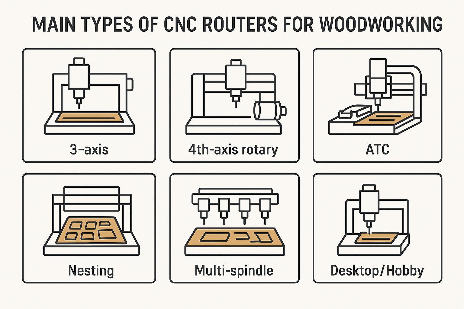 Illustration of the main CNC router types for woodworking: 3-axis, 4th-axis rotary, ATC, nesting, multi-spindle, 5-axis, and desktop/hobby machines shown as a labeled infographic grid.