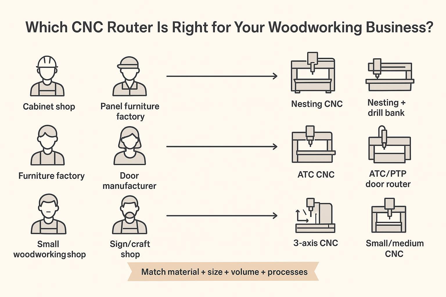 Illustration of a CNC router selection map: woodworking business types (cabinet, panel furniture, furniture, door, small shop, sign/craft) connected to the recommended CNC router types (nesting, nesting with drill bank, ATC, ATC/PTP, 3-axis, small/medium).
