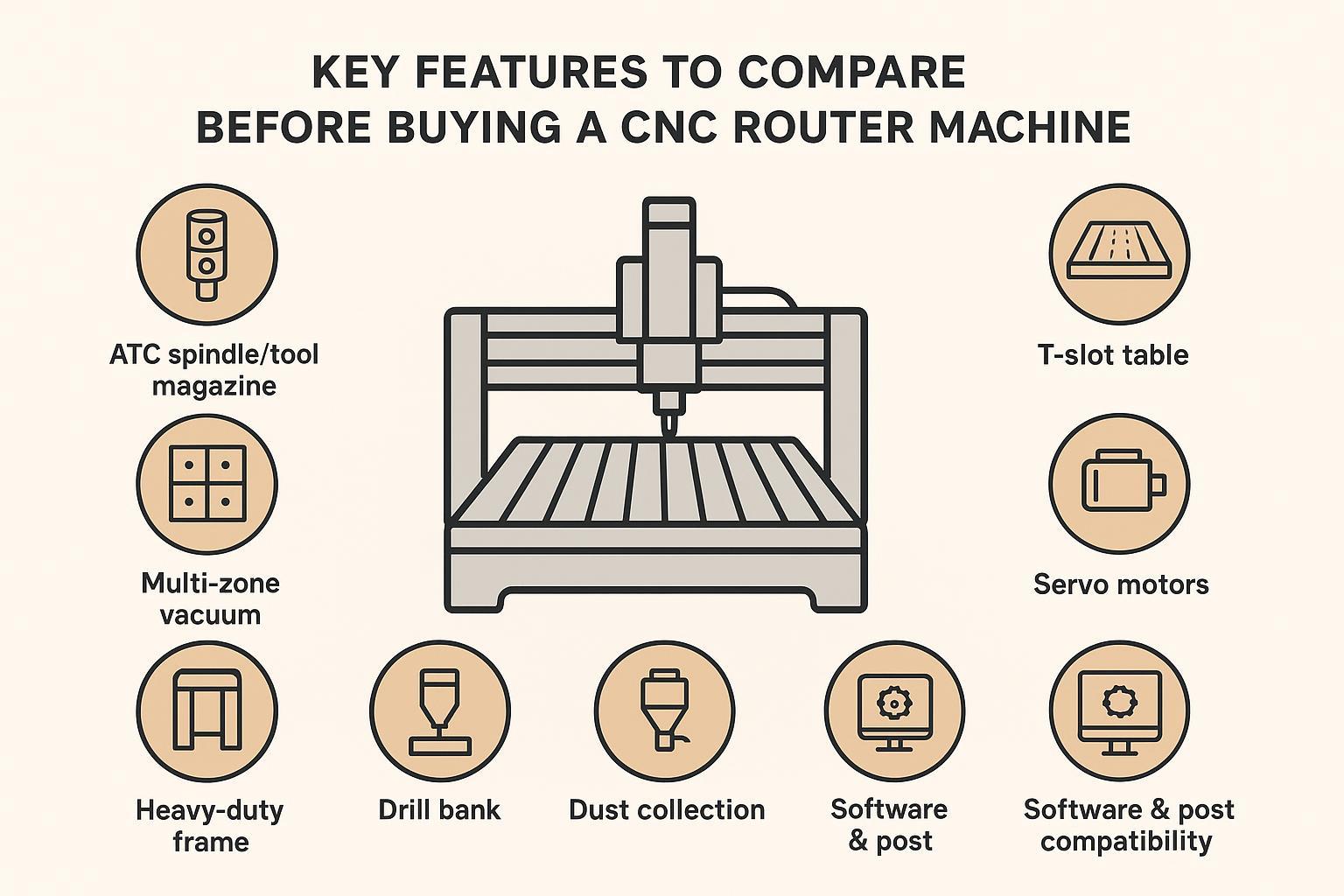 Illustration of key CNC router features to compare before buying: ATC, vacuum table, T-slot, multi-zone vacuum, drill bank, servo motors, heavy-duty frame, dust collection, and software/post compatibility shown as labeled badges around a CNC router silhouette.