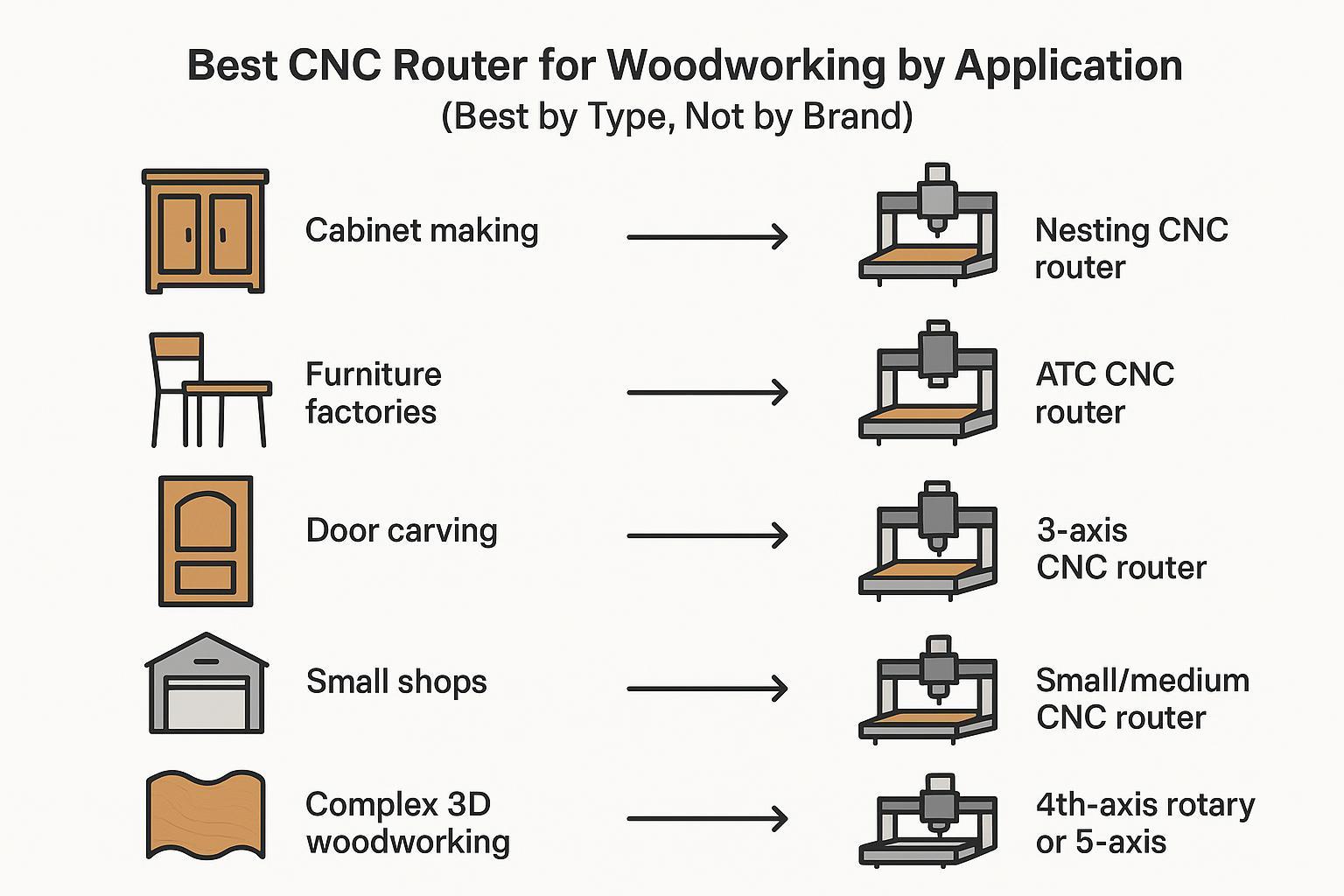 Illustration of best CNC router types by application: a grid mapping cabinet making, furniture factories, door carving, small shops, crafts/signs, and complex 3D work to the recommended CNC router types (nesting, ATC, ATC/4th-axis, 3-axis, small/medium, 4th-axis/5-axis).