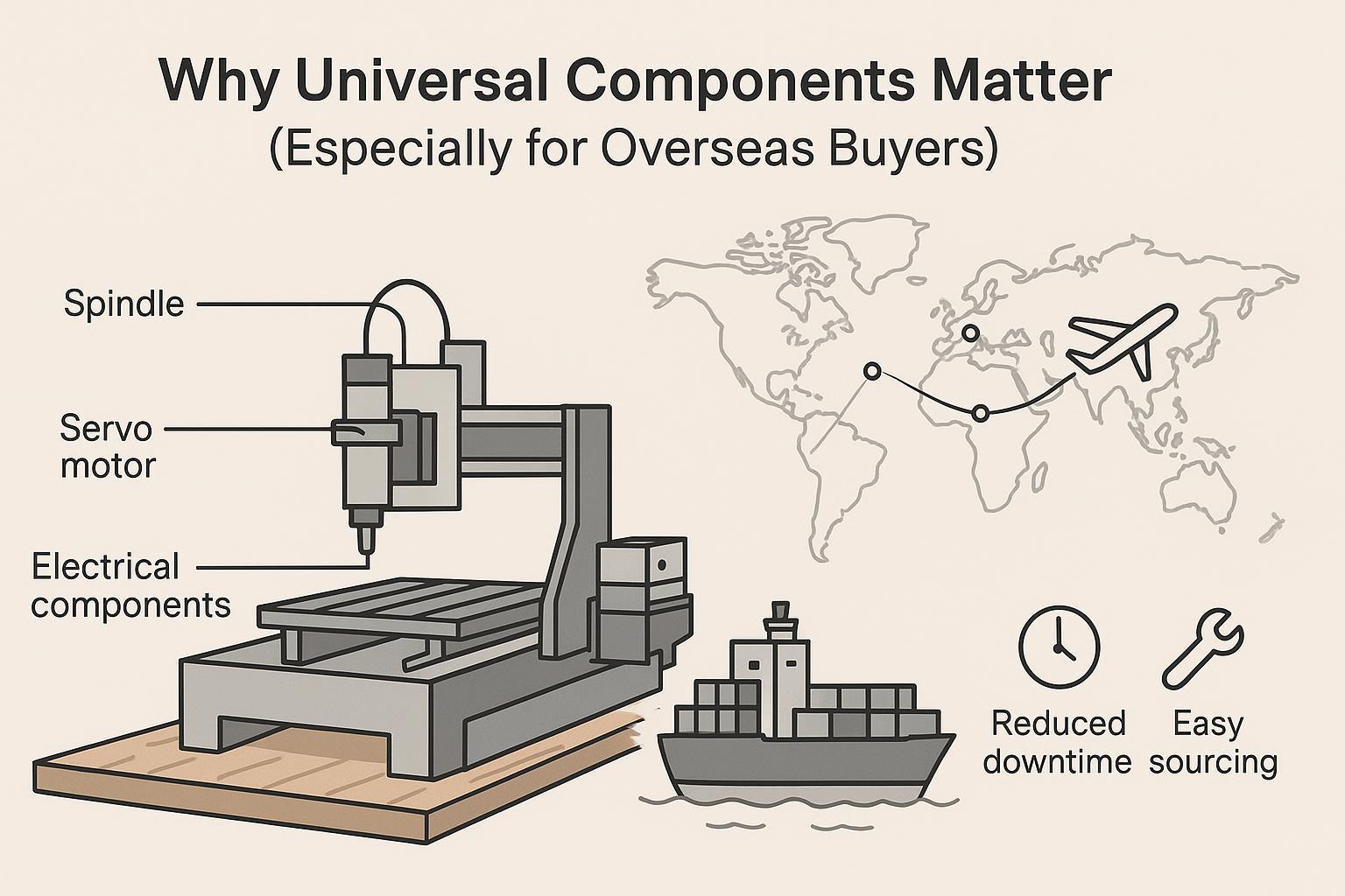 Illustration of why universal CNC router components matter for overseas buyers: a CNC router with labeled mainstream parts (spindle, servo, electrical), plus global shipping icons and spare-parts availability to reduce downtime.