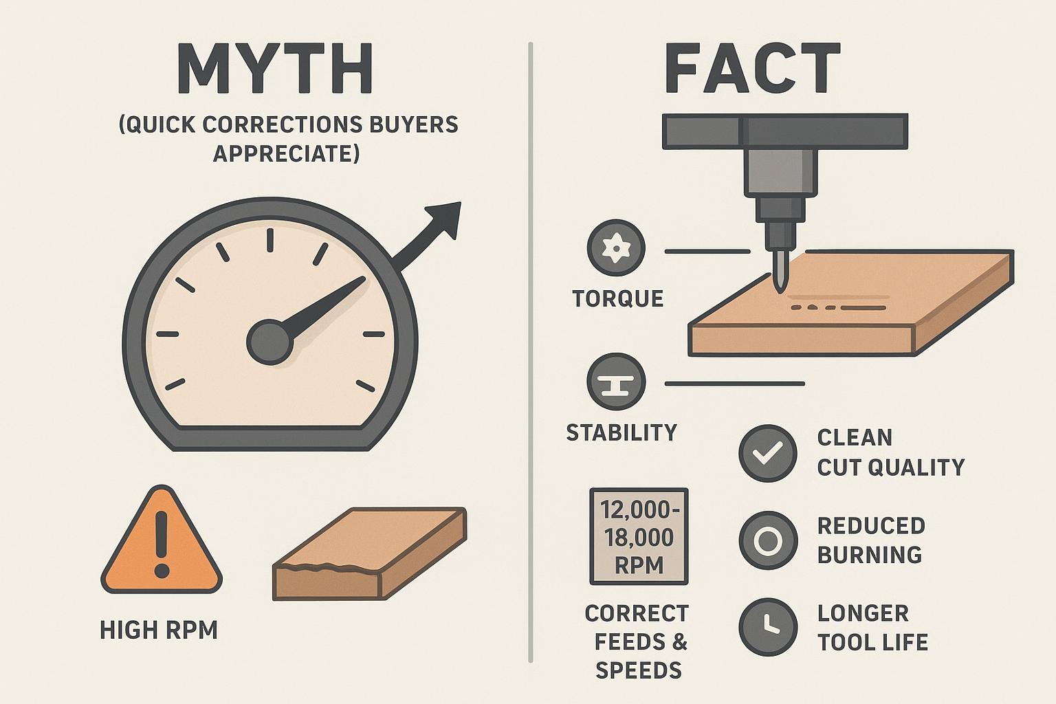 Illustration of CNC router myth vs fact: the myth that higher spindle RPM is always better versus the fact that torque, stability, and correct feeds/speeds (often 12,000–18,000 RPM) improve cut quality and reduce burning.