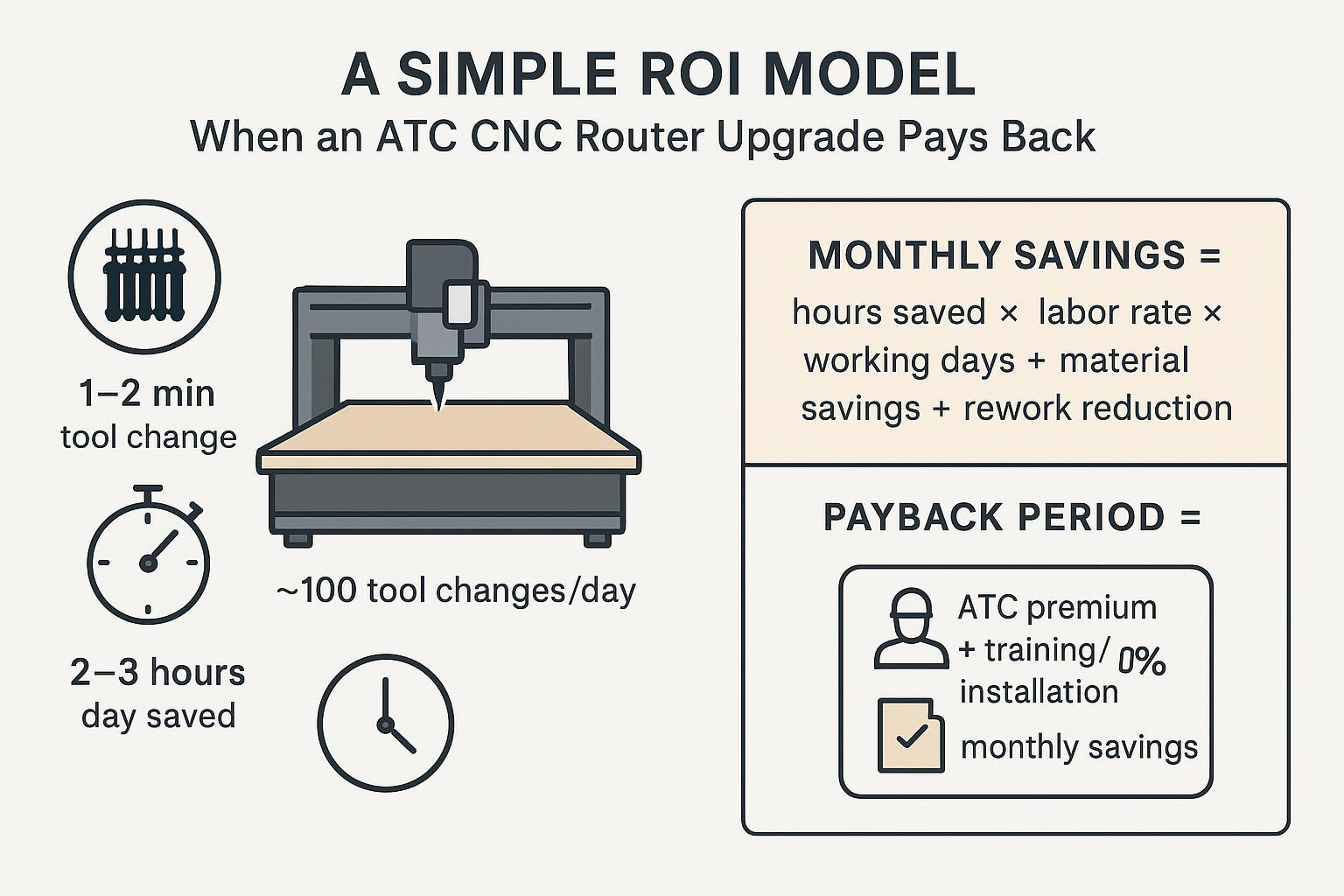 Illustration of a simple ATC CNC router ROI model: tool-change time savings, labor/material/rework impact, and a payback-period formula shown as an infographic.
