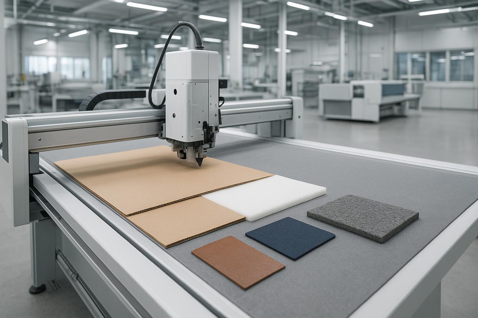 ماكينة قطع CNC بسكين ترددية تقطع الكرتون المموج وألواح الفوم على طاولة قطع رقمية مسطحة.