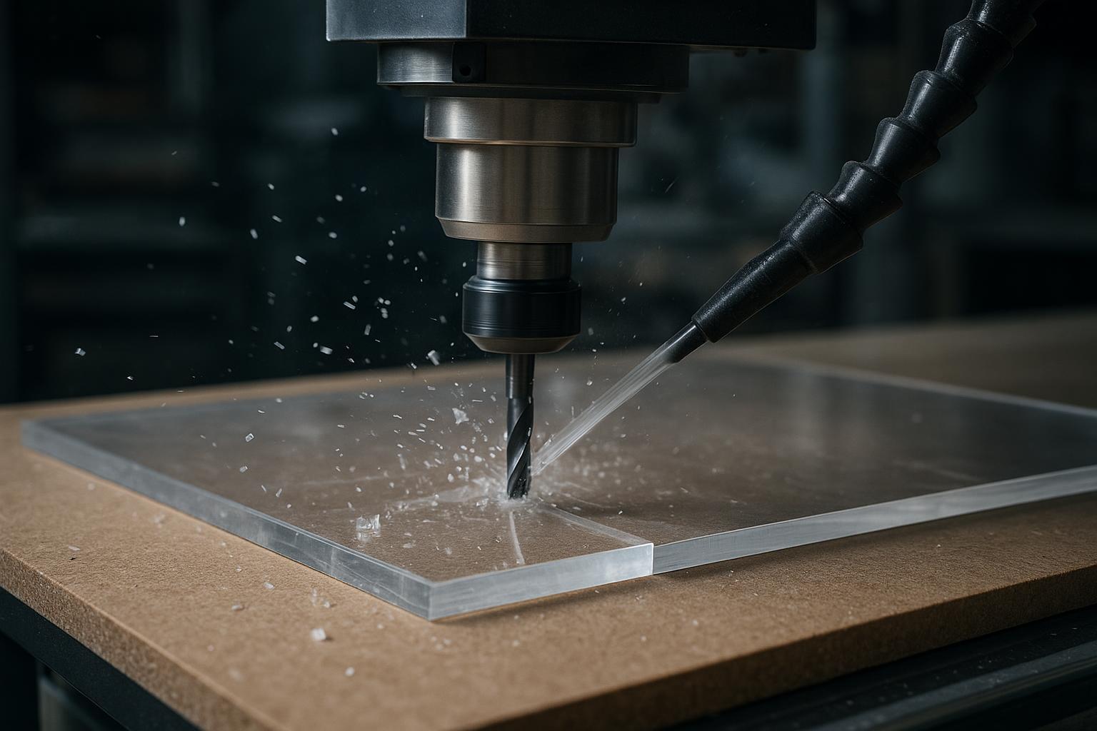 ماكينة راوتر CNC تقطع لوح أكريليك شفافًا مع نفث هواء لإزالة الرايش