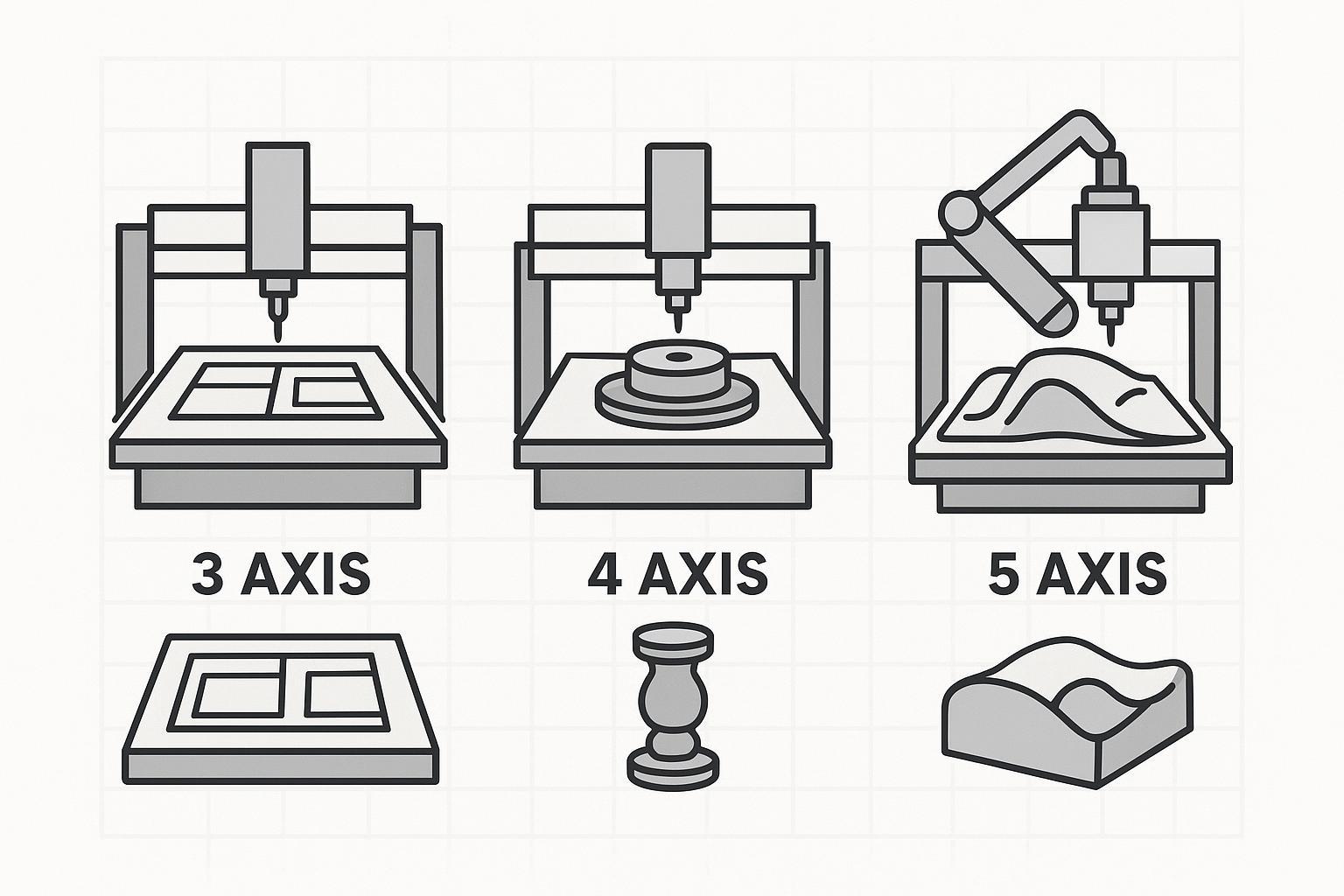 رسم توضيحي يقارن بين ماكينات راوتر CNC ثلاثية المحاور ورباعية المحاور وخماسية المحاور لأعمال النجارة (الألواح والقطع الدوارة والأسطح ثلاثية الأبعاد المعقدة)