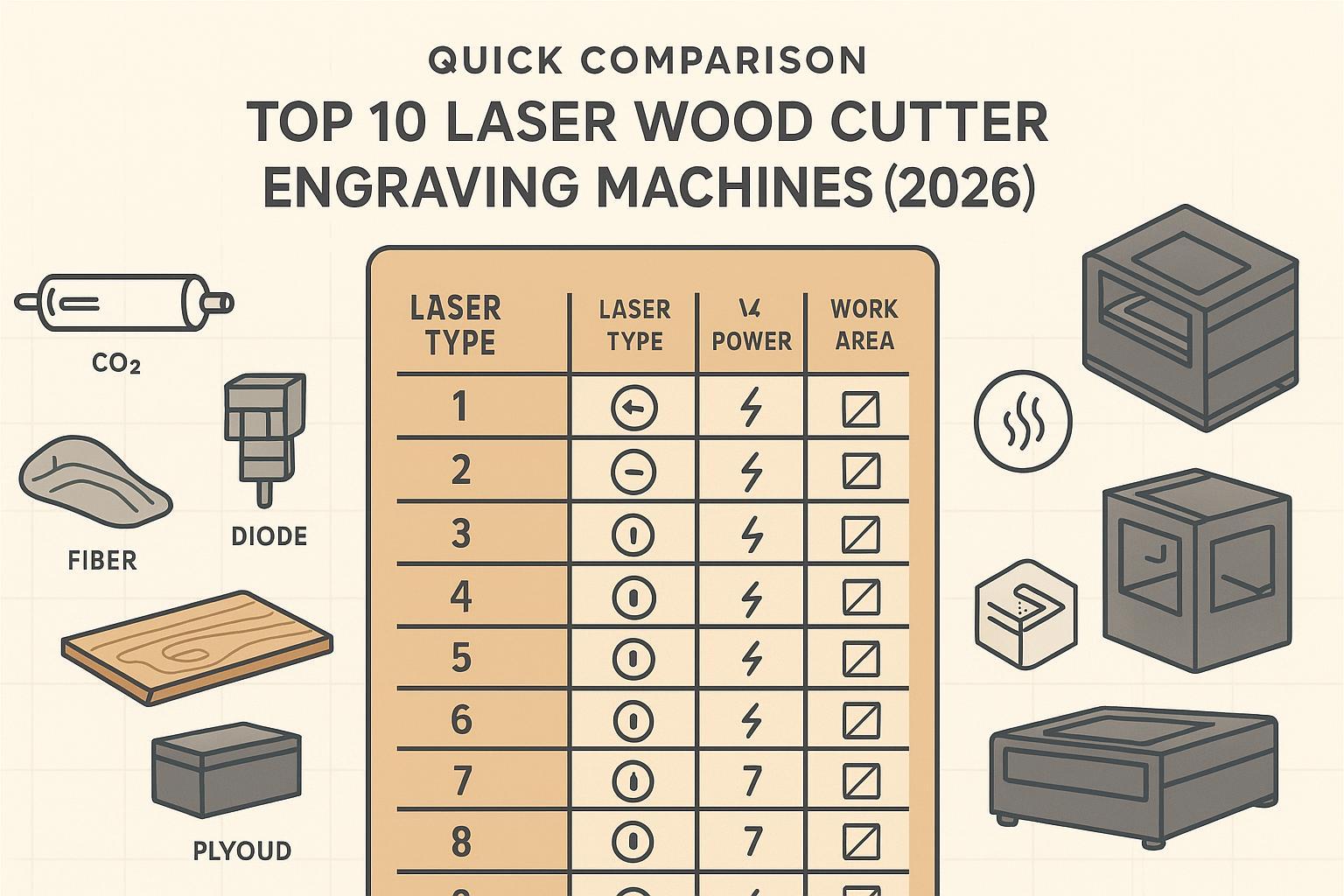 Ilustración de una tabla comparativa de las 10 principales categorías de máquinas cortadoras/grabadoras láser para madera en 2026, con íconos del tipo de láser, la potencia, el área de trabajo y las consideraciones de seguridad.