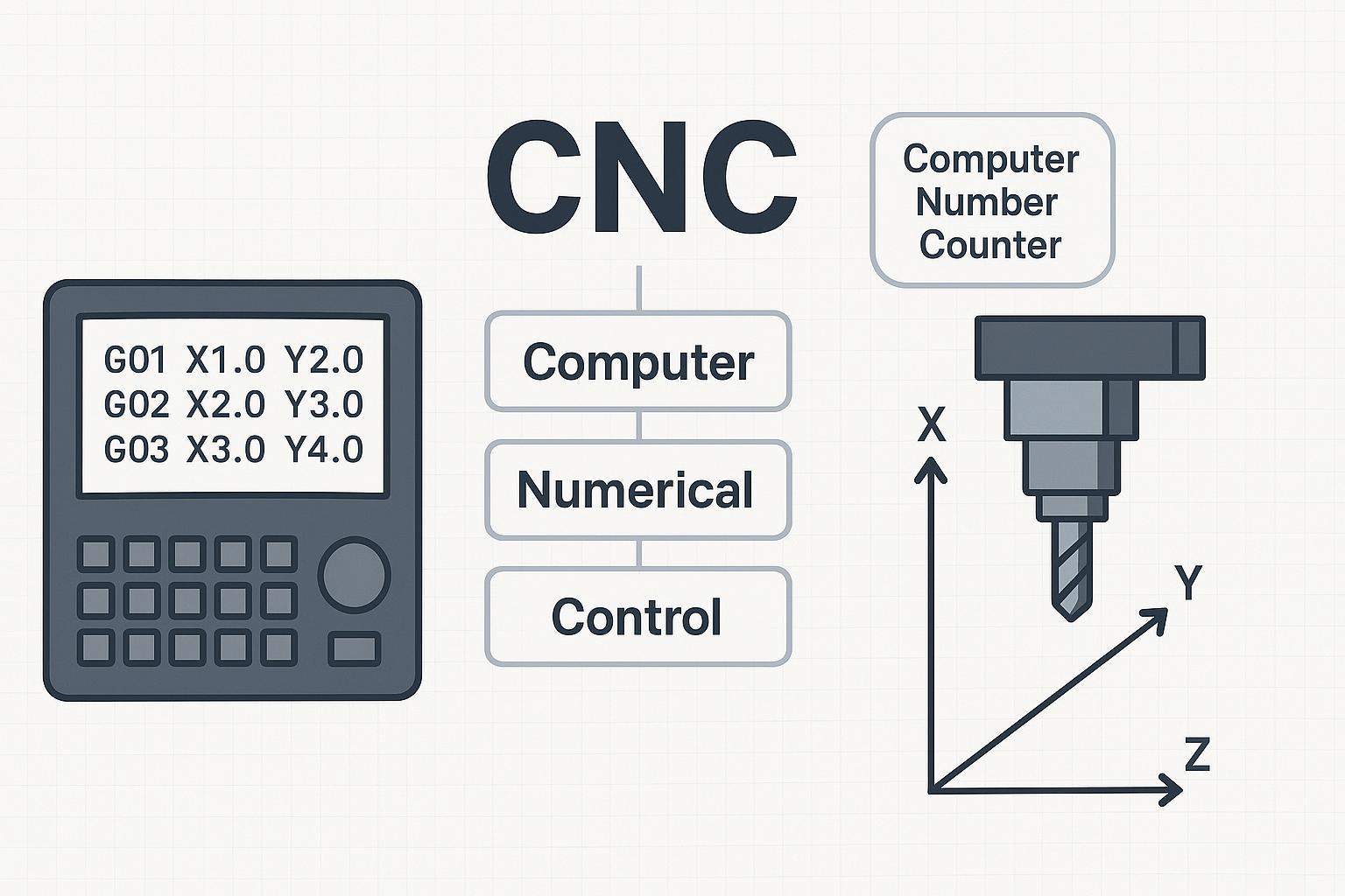 رسم توضيحي: CNC اختصار لـ Computer Numerical Control، أي التحكم الرقمي بالحاسوب—وحدة تحكم مزودة ببرنامج رقمي تحرّك الماكينة على المحاور (X/Y/Z)، مع شطب المفهوم الخاطئ “عداد أرقام الحاسوب” (Computer Number Counter).