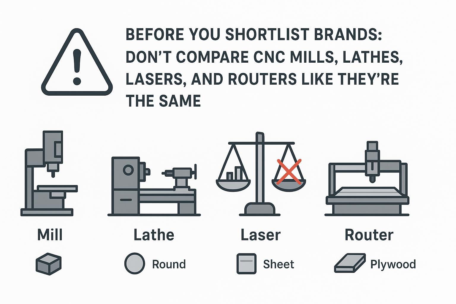 Illustration: Different CNC machine categories (mill, lathe, laser, router) should not be compared as the same type