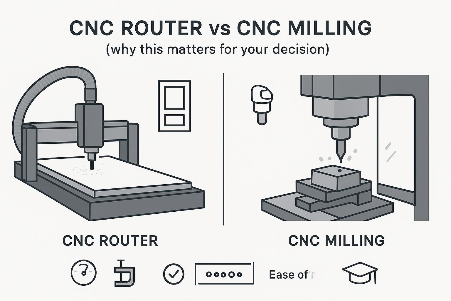 رسم توضيحي يقارن بين ماكينة راوتر CNC (لقطع الألواح الخشبية) وماكينة تفريز CNC (لتشغيل المعادن)، مع عوامل اتخاذ القرار الرئيسية