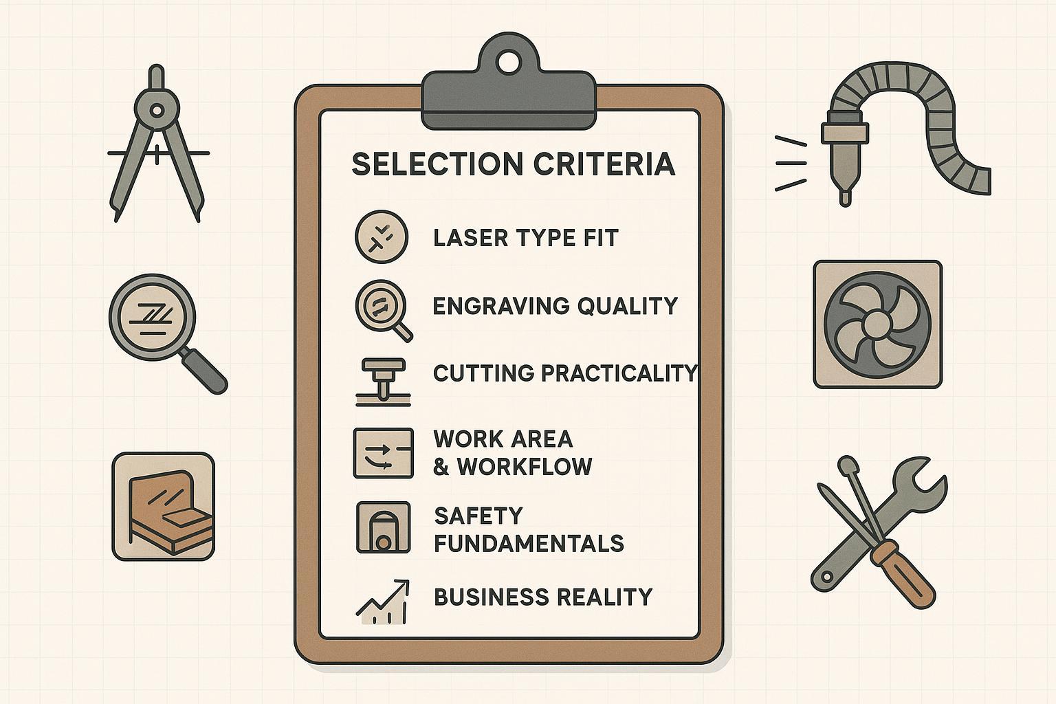 Ilustración de una lista de verificación de criterios para elegir cortadoras y grabadoras láser para madera, con íconos del tipo de láser, la calidad del grabado, la viabilidad del corte, el flujo de trabajo, la seguridad y las consideraciones comerciales.