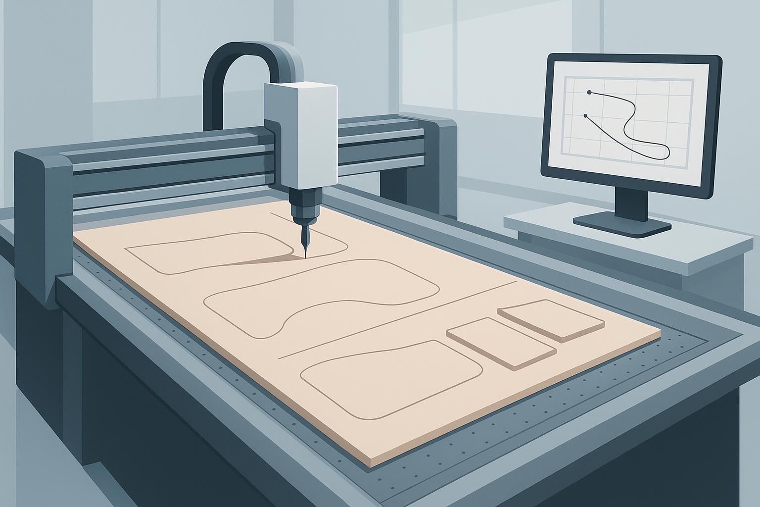 رسم توضيحي لماكينة قطع CNC بسكين (طاولة قطع رقمية) تستخدم شفرة ترددية لقطع مواد صفائحية مرنة على طاولة تفريغ مسطحة