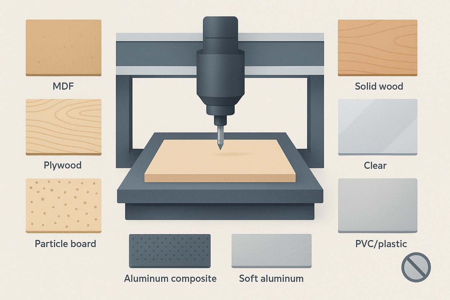 رسم توضيحي للمواد الشائعة التي يمكن قطعها بماكينة راوتر CNC (الألواح الخشبية والبلاستيك والفوم والألومنيوم اللين)