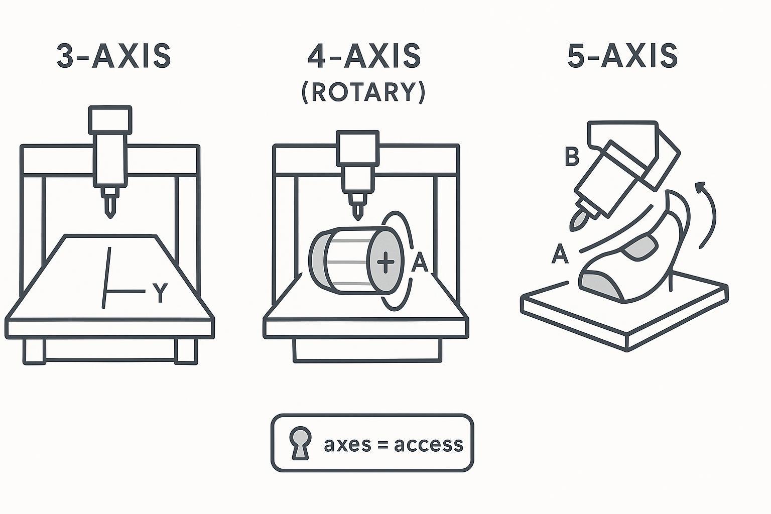 رسم توضيحي يشرح حركة ماكينة راوتر CNC وإمكانية وصولها في أعمال النجارة عند التشغيل ثلاثي المحاور ورباعي المحاور (المحور الدوار/المحور A) وخماسي المحاور