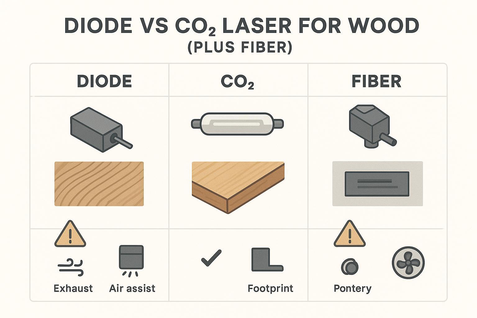 Ilustración comparativa de láseres de diodo, CO2 y fibra para madera, con íconos de cada tipo de láser y ventajas habituales como el nivel de detalle del grabado, la velocidad de corte, las necesidades de ventilación y la compatibilidad con materiales.