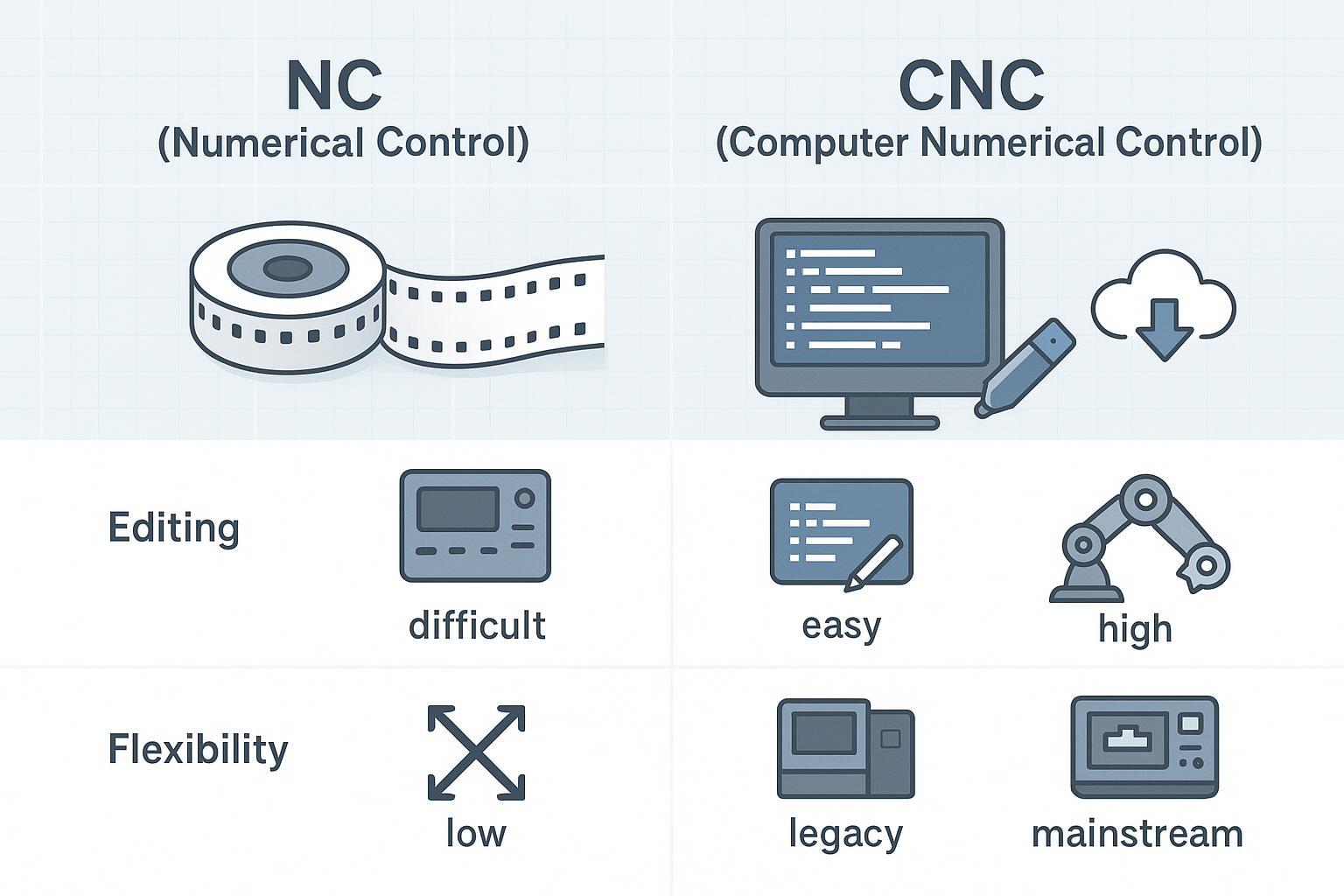 رسم توضيحي: NC مقابل CNC—تحكم رقمي قديم قائم على الأشرطة مقابل CNC قائم على الحاسوب ببرامج مخزنة قابلة للتحرير ومرونة أعلى.