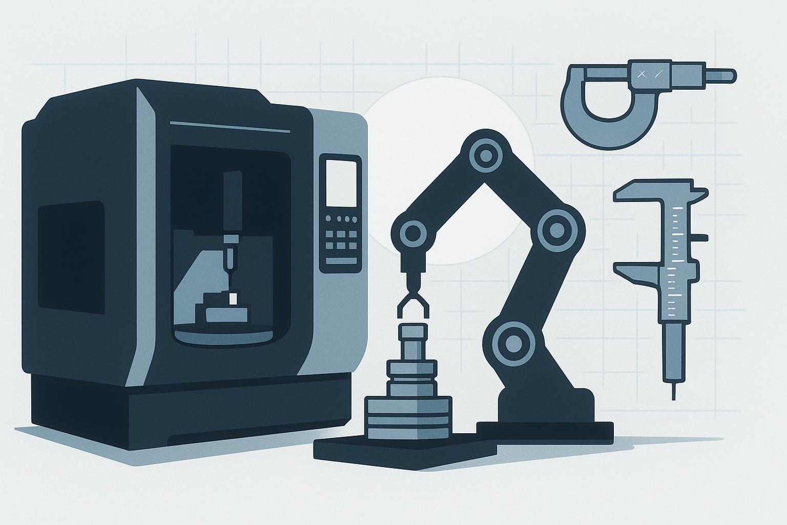 Illustration: High-precision 5-axis CNC machining with automation for premium metal parts production