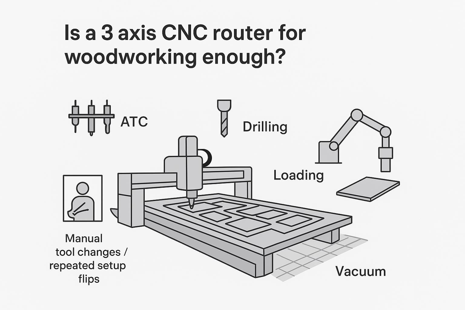 رسم توضيحي يُظهر ماكينة راوتر CNC ثلاثية المحاور تقطع أجزاء خزائن معشّقة، مع ميزات إنتاجية مثل ATC والثقب والتثبيت بالتفريغ والتحميل الفعّال