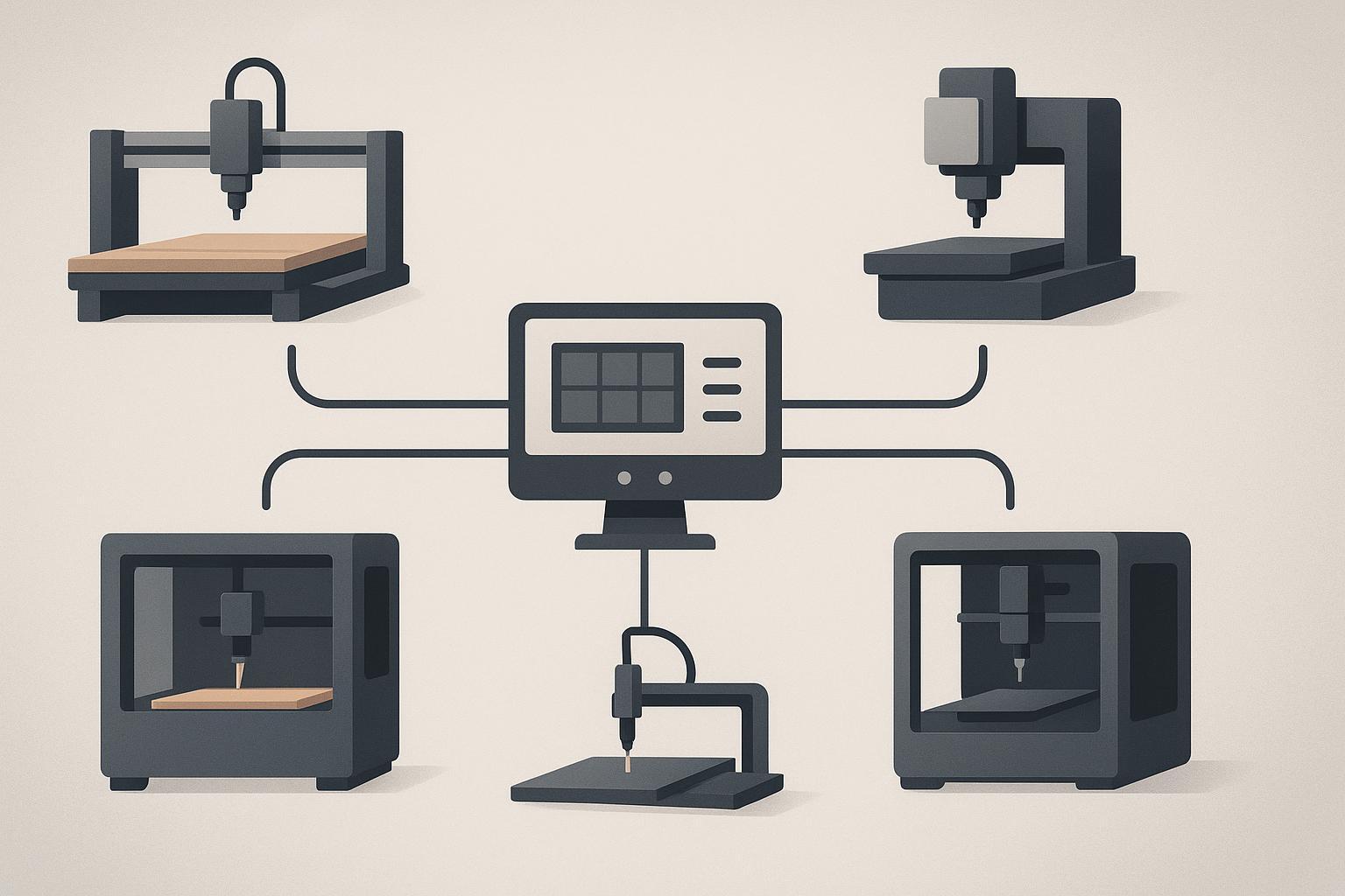 رسم توضيحي يبيّن ماكينة راوتر CNC بوصفها نوعًا ضمن عائلة ماكينات CNC الأوسع