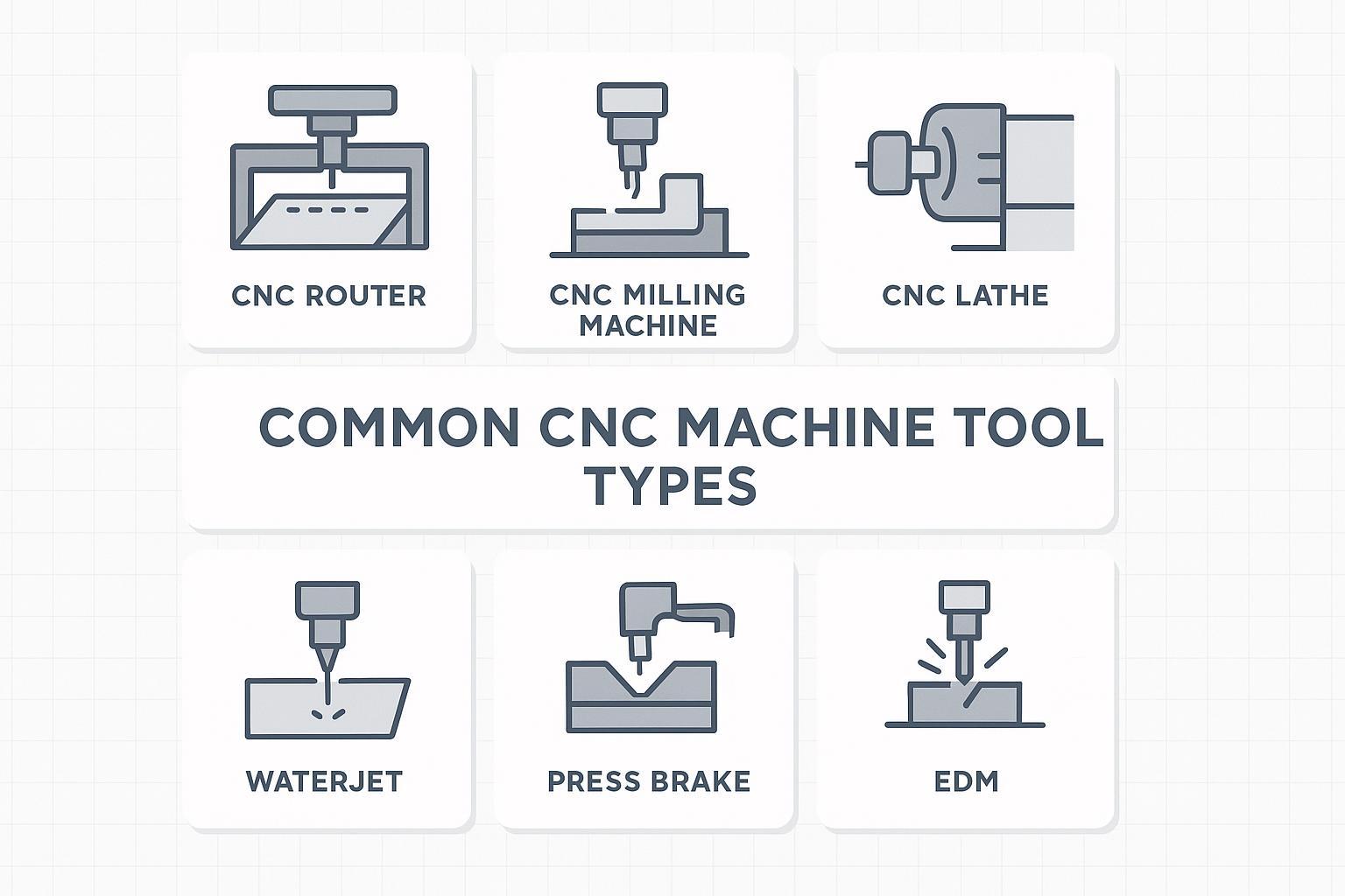 رسم توضيحي: الأنواع الشائعة لماكينات تشغيل CNC—ماكينة راوتر، وماكينة تفريز، ومخرطة، وماكينة ليزر، وماكينة بلازما، وماكينة قطع بالنفث المائي، ومكبس ثني، وماكينة تجليخ، وماكينة تشغيل بالتفريغ الكهربائي (EDM).