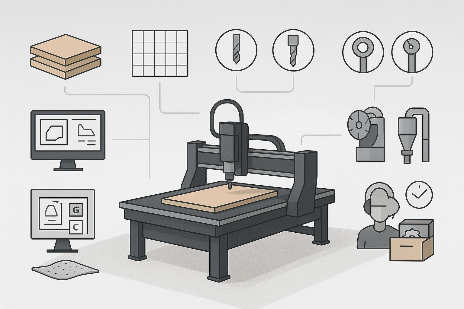 رسم توضيحي للعوامل الرئيسية التي ينبغي مراعاتها قبل شراء ماكينة راوتر CNC (المواد، والحجم، وATC، ونظام التفريغ، وسير العمل، والدعم)