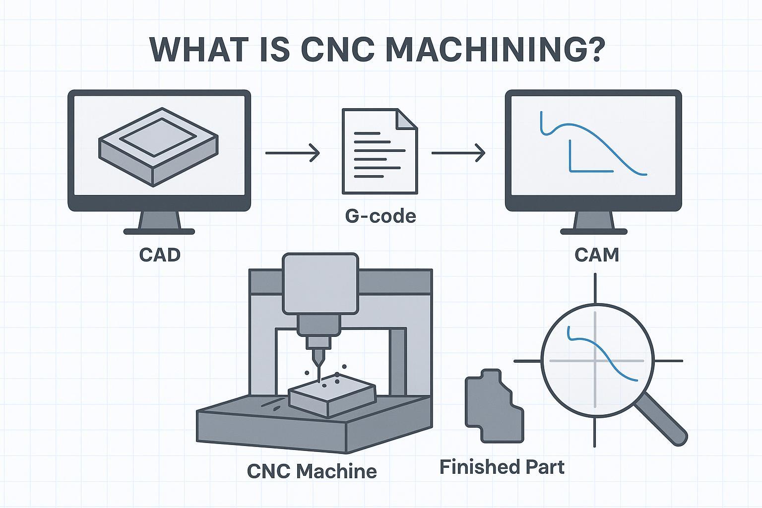رسم توضيحي: التشغيل باستخدام CNC—من نموذج CAD إلى مسار أداة CAM ثم G-code، وبعدها تقطع ماكينة CNC قطعة الشغل لإنتاج جزء نهائي دقيق.