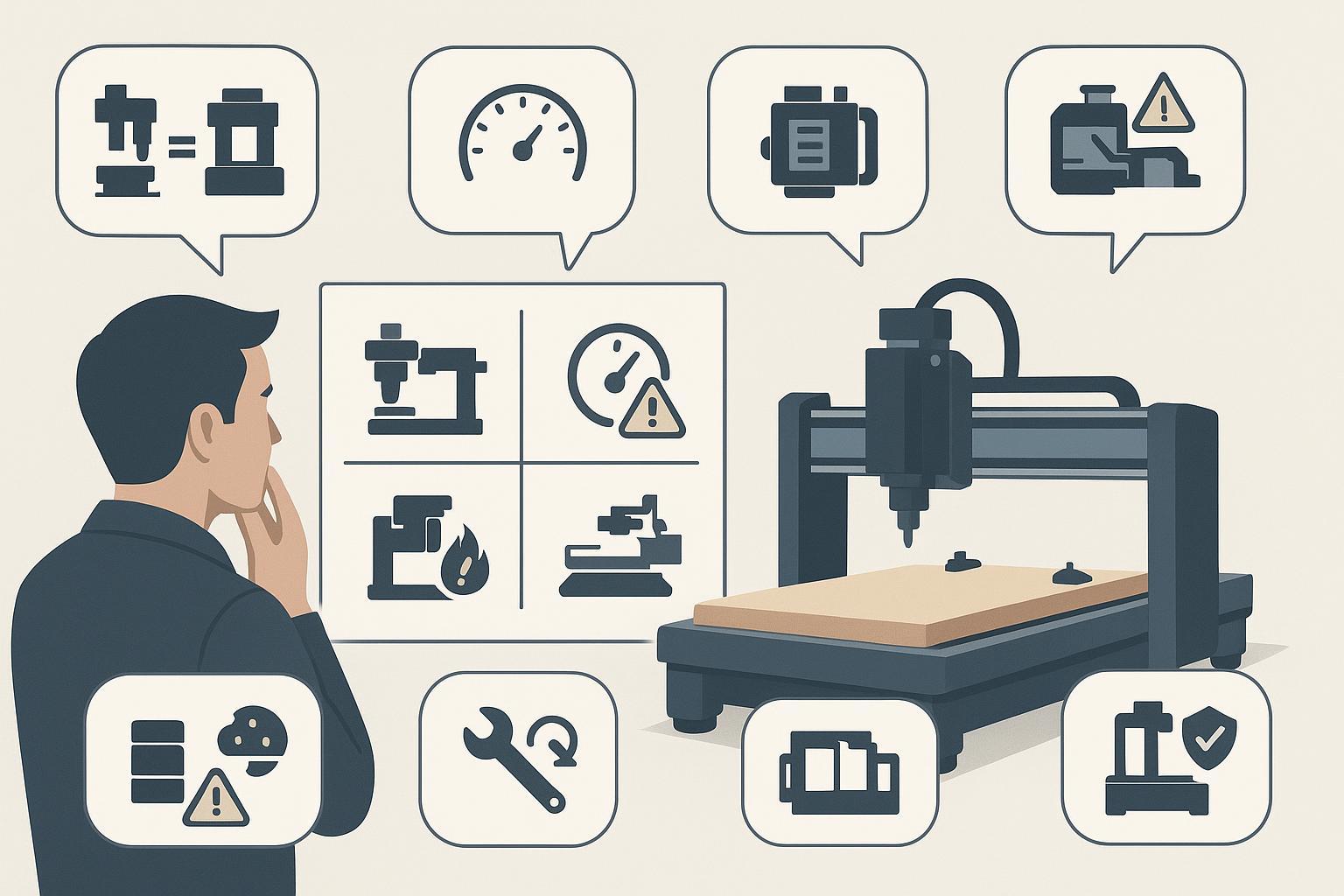 رسم توضيحي للمفاهيم الخاطئة والأخطاء الشائعة عند شراء ماكينة راوتر CNC (التركيز على RPM وحده، وتثبيت قطعة العمل، وتغيير الأدوات، والخلط بين أنواع الماكينات)