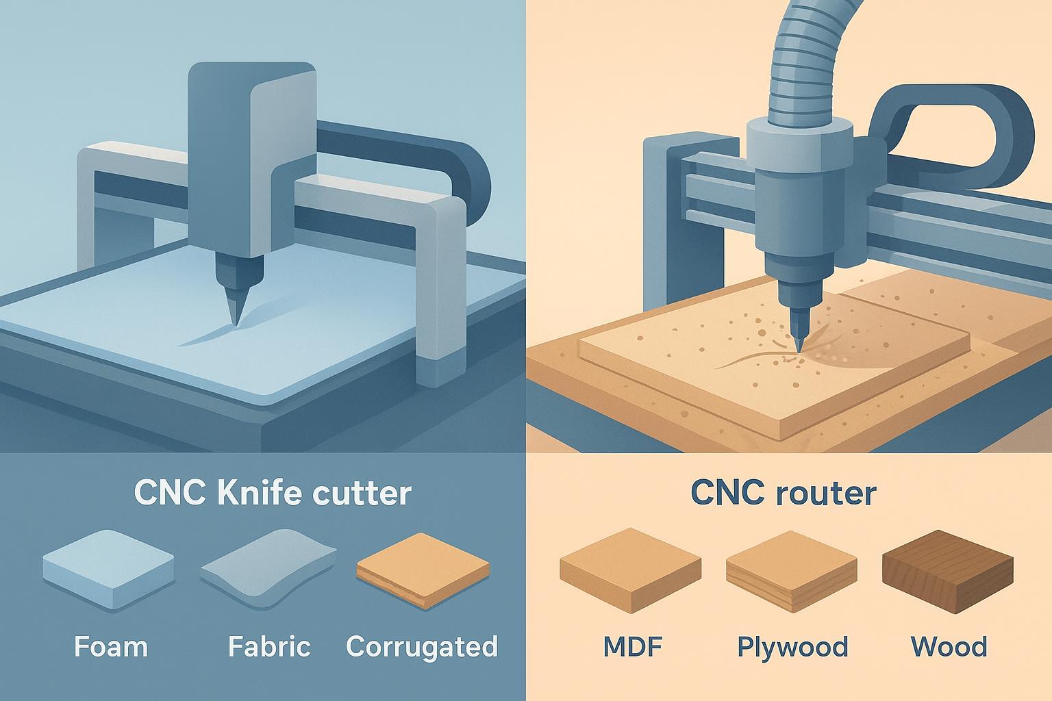 رسم إنفوجرافيك بشاشة منقسمة يقارن بين ماكينة قطع بالسكين CNC (قطع الصفائح اللينة أو شبه الصلبة بشفرة باردة) وماكينة راوتر CNC (قطع الخشب/MDF بمغزل تشغيل دوّار مع إنتاج رقائق/غبار)