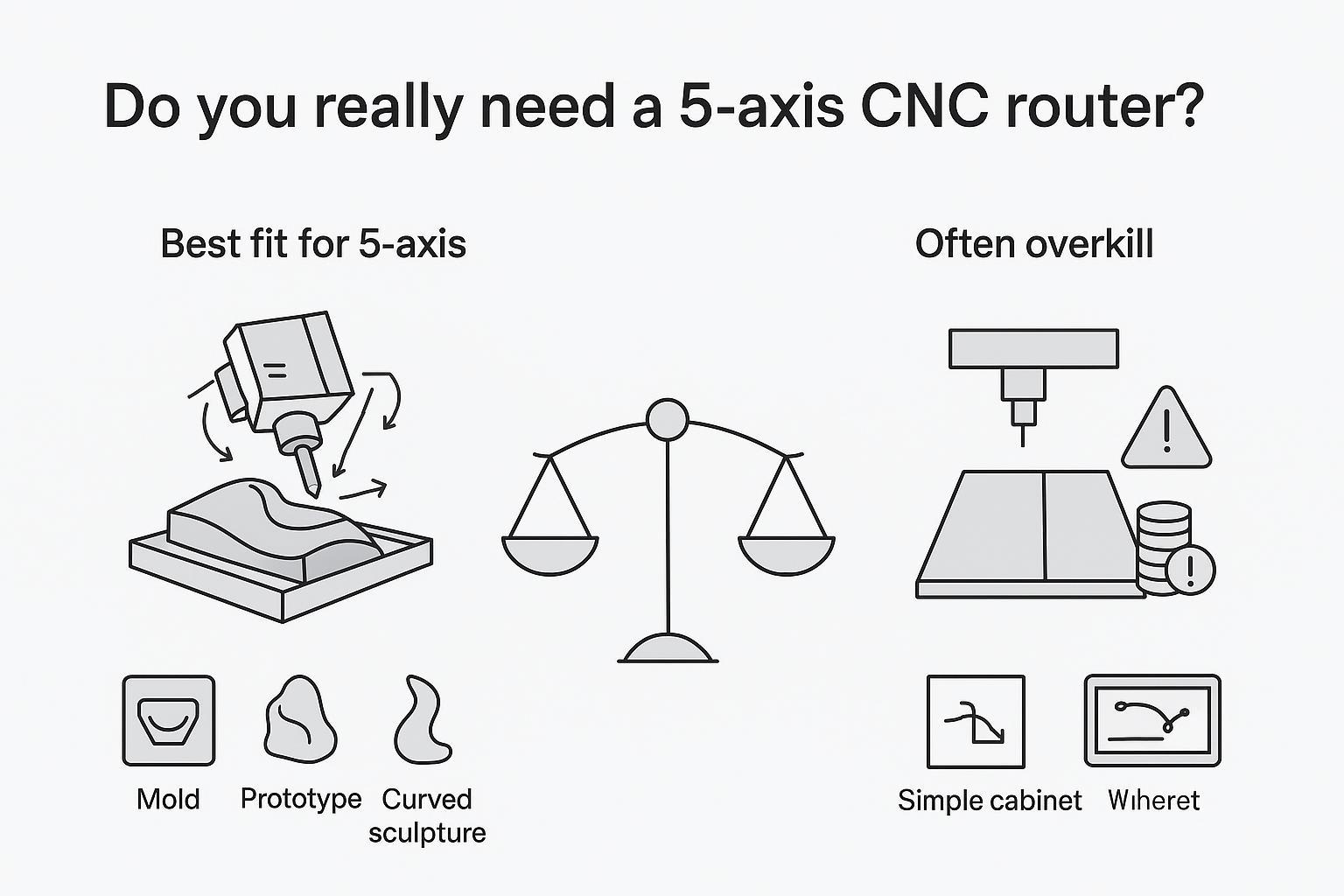 رسم توضيحي يبيّن متى تكون ماكينة راوتر CNC خماسية المحاور الخيار المناسب لأعمال النجارة ثلاثية الأبعاد المعقدة والقوالب، ومتى قد تكون قدراتها زائدة عن الحاجة في أعمال الألواح المسطحة