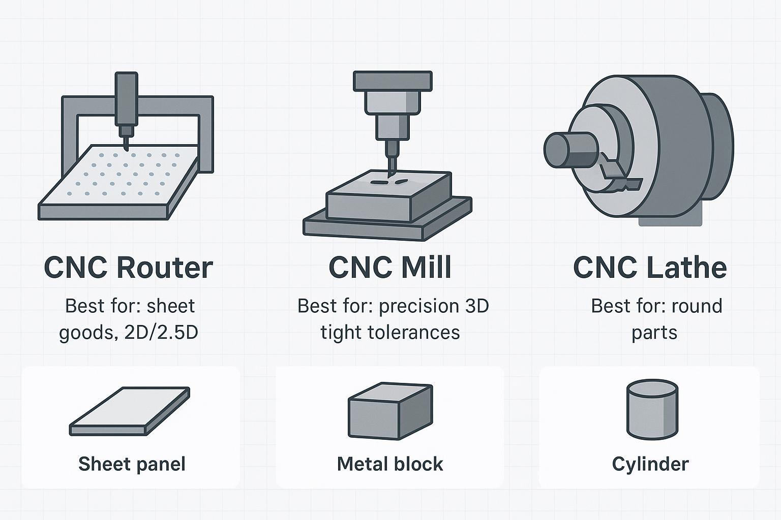 رسم توضيحي: ماكينة راوتر CNC مقابل ماكينة تفريز CNC مقابل مخرطة CNC—ألواح مقابل أجزاء معدنية دقيقة مقابل أجزاء مستديرة، للمساعدة في اختيار نوع الماكينة المناسب.