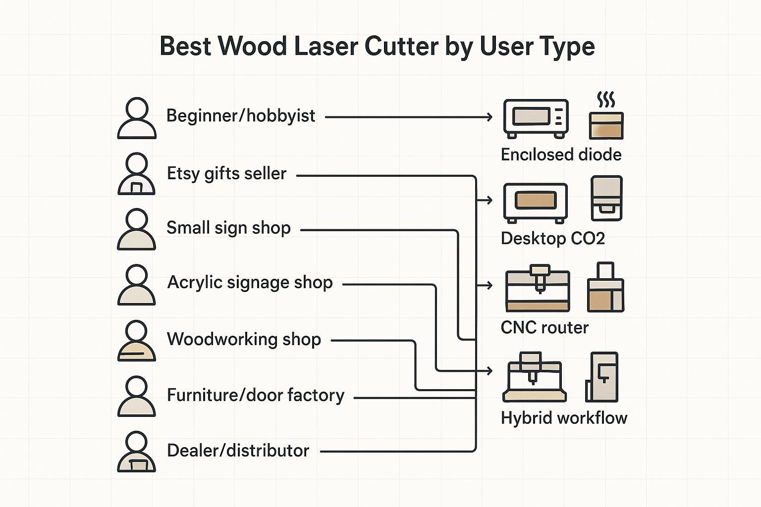 Ilustración de una matriz de correspondencia entre perfiles de usuario y máquinas para elegir la mejor cortadora láser para madera según el tipo de usuario, que vincula perfiles habituales con opciones de flujos de trabajo con láser de diodo, CO2 y CNC.