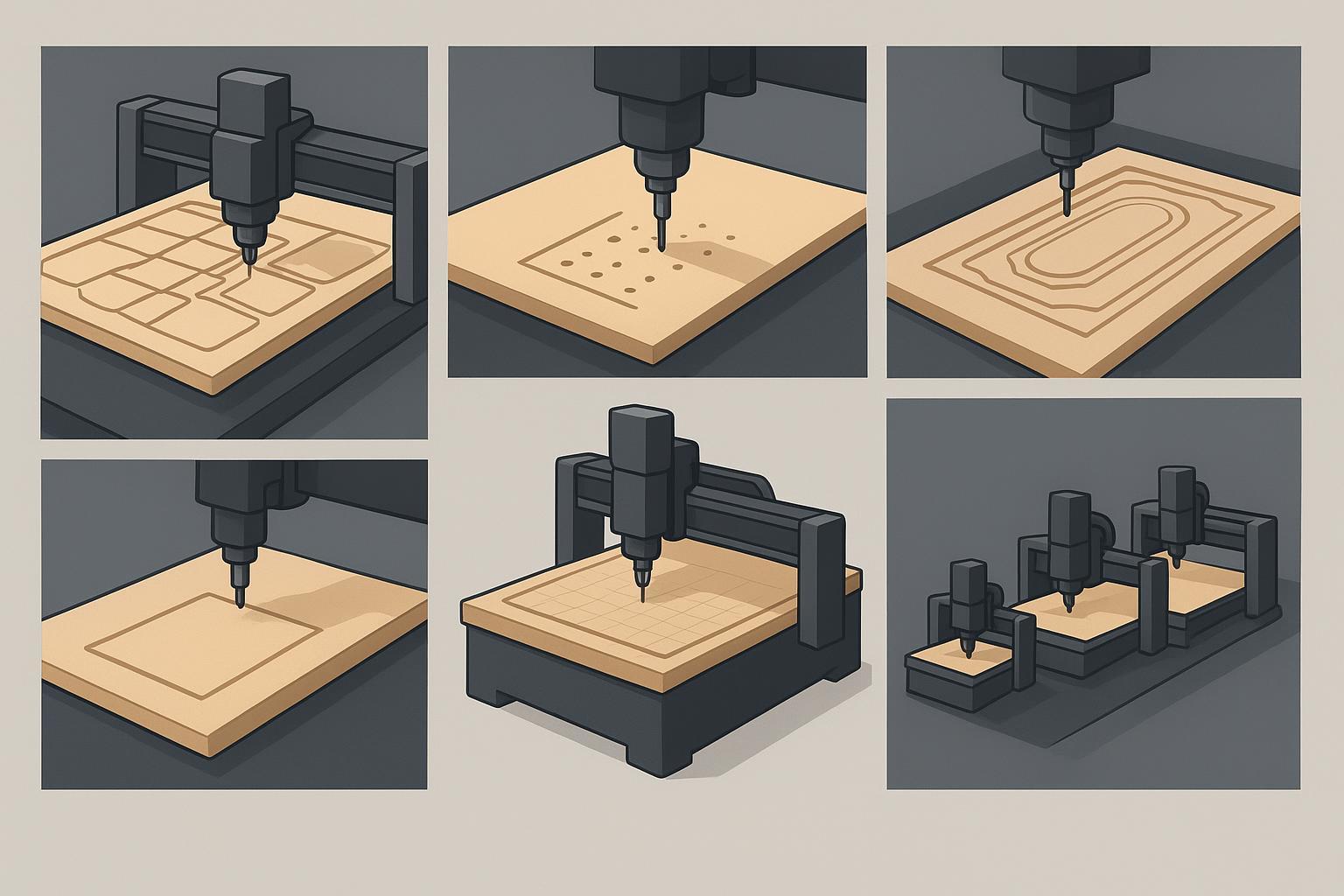 رسم توضيحي يقارن بين أنواع ماكينات راوتر CNC لمختلف سيناريوهات الأعمال (تقنية Nesting لتعشيق ألواح الخزائن، والإنتاج باستخدام ATC، والأبواب، وورش الإنتاج حسب الطلب، واللافتات)