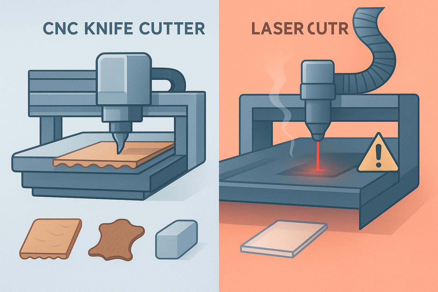 رسم إنفوجرافيك بشاشة منقسمة يقارن بين ماكينة قطع بالسكين CNC (قطع بشفرة باردة مع أدنى تأثيرات حرارية) وماكينة قطع بالليزر (قطع حراري قد ينتج عنه دخان وحواف متأثرة بالحرارة)