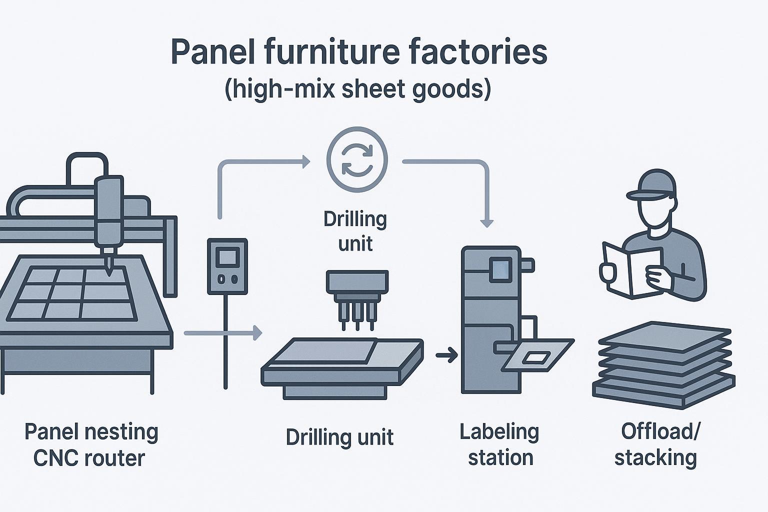Illustration: Panel furniture CNC workflow for high-mix sheet goods—cutting, drilling, labeling, and offloading as a system