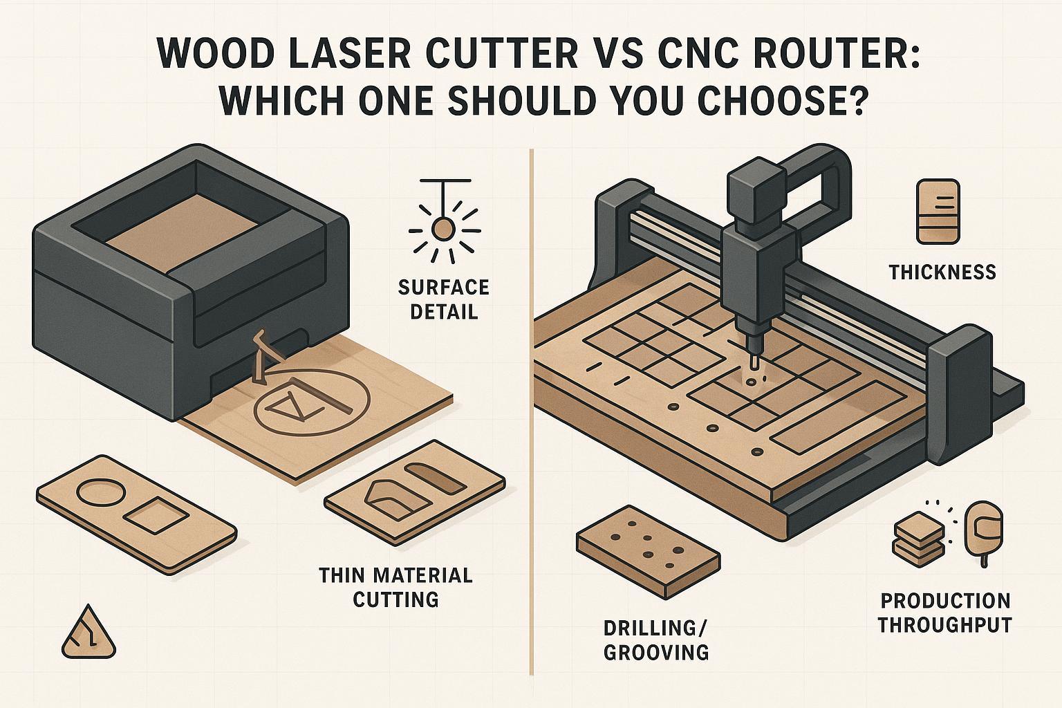 Ilustración comparativa entre una cortadora láser para madera y un router CNC, que muestra el grabado láser y el corte delgado en un lado, y el mecanizado con router CNC, la perforación, el ranurado y el nesting de tableros completos en el otro.