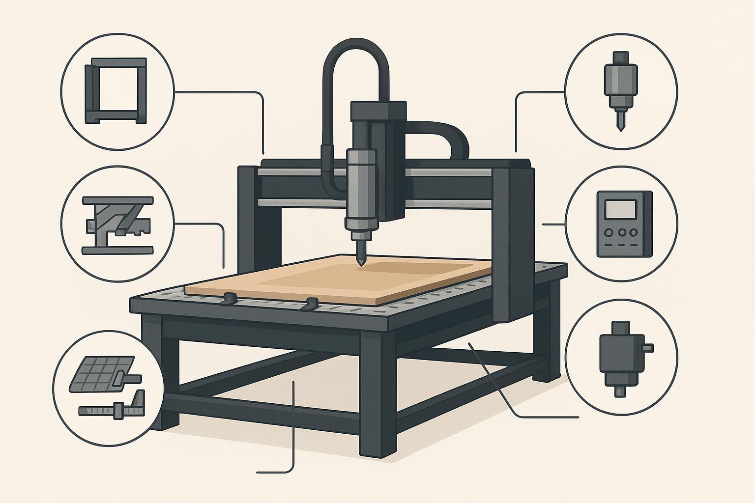 رسم توضيحي للمكونات الرئيسية لماكينة راوتر CNC (الهيكل، والطاولة، ومغزل التشغيل (spindle)، ووحدة التحكم، والمحركات، والأدلة الخطية، ونظام التفريغ، ونظام شفط الغبار، وATC)