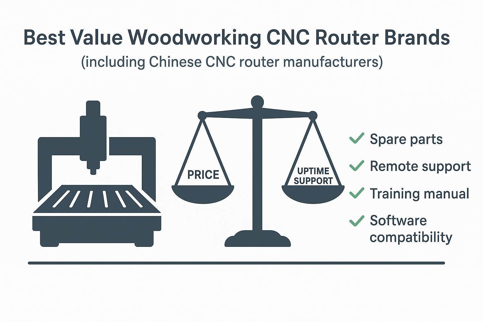 Illustration: Value-tier woodworking CNC router buying—balance price with service, parts, training, and software compatibility