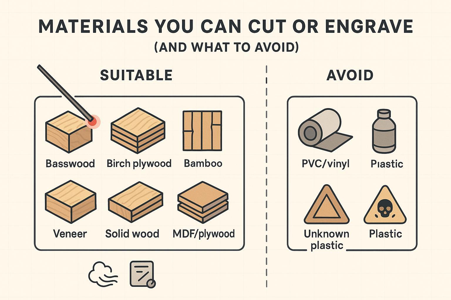 Ilustración de la compatibilidad de materiales con láser para cortar y grabar madera, que muestra materiales de madera seguros y habituales en un lado, y PVC/vinilo y plásticos desconocidos señalados como peligrosos y que deben evitarse.