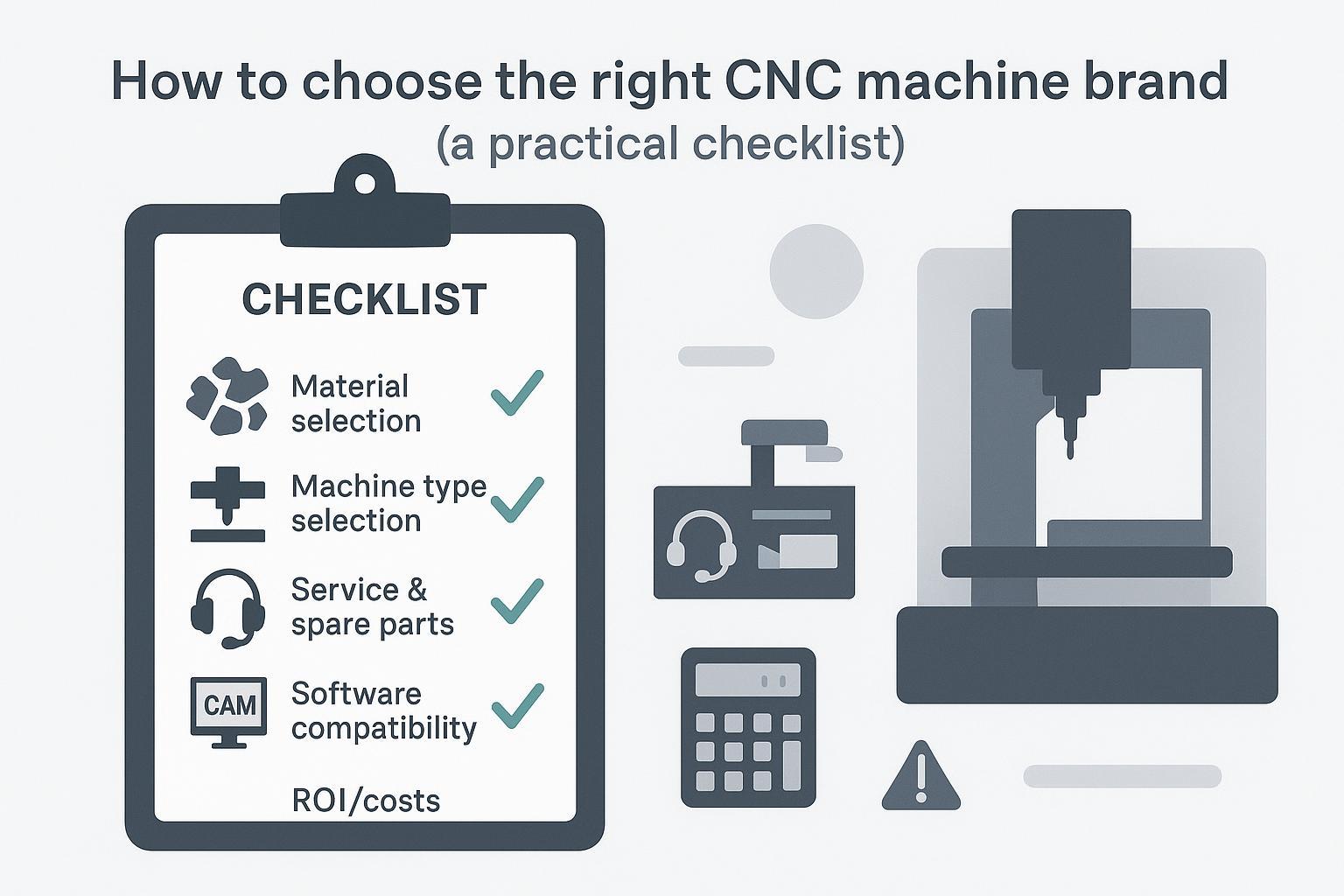 Illustration: A practical checklist to choose the right CNC machine brand—workflow, machine type, service, software, and ROI