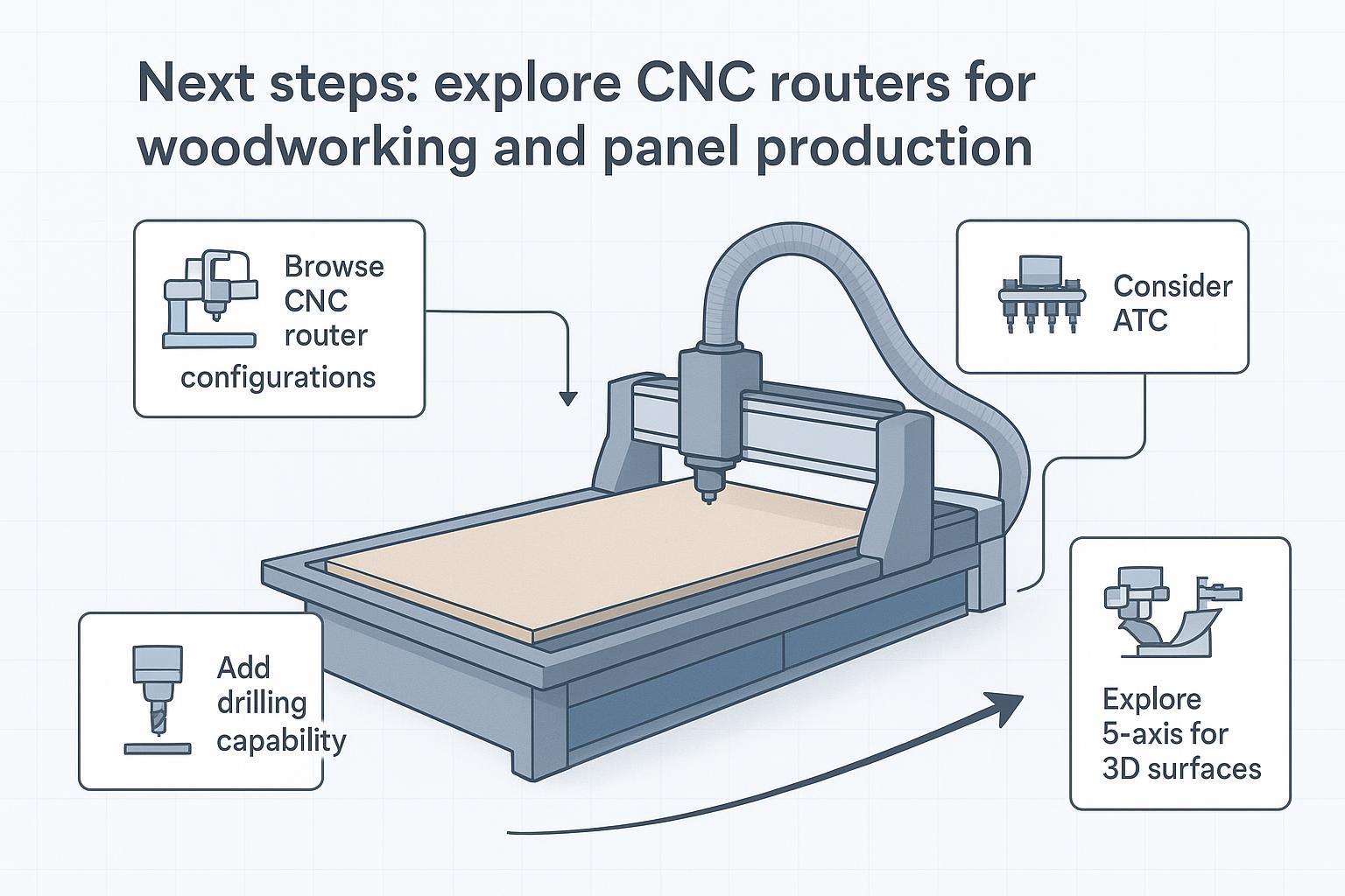 رسم توضيحي: الخطوات التالية لاستخدام CNC في النجارة—ابدأ بماكينة راوتر CNC للألواح، ثم فكّر في ATC، وإمكانات التشغيل خماسي المحاور، ومعدات الثقب المخصصة وفقًا لاحتياجات إنتاجك.