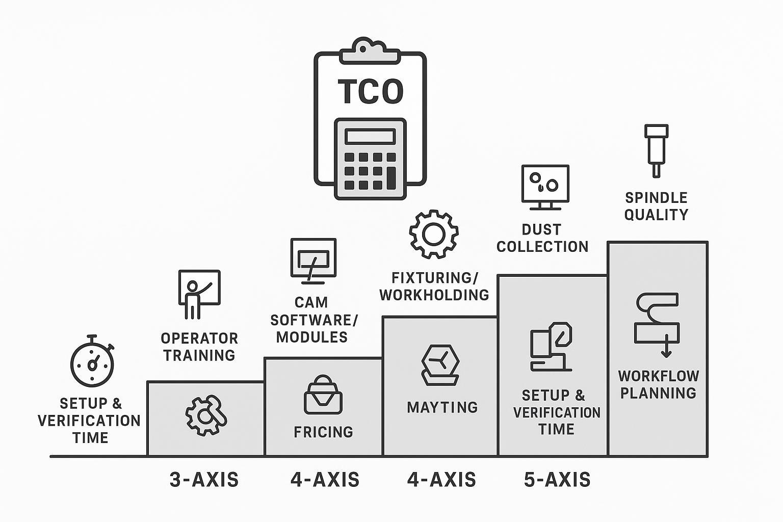 رسم توضيحي يبيّن عوامل التكلفة الإجمالية للملكية (TCO) التي غالبًا ما ترتفع عند الانتقال من راوتر CNC ثلاثي المحاور إلى رباعي المحاور ثم خماسي المحاور، بما في ذلك CAM والتثبيت والتدريب والإعداد والصيانة