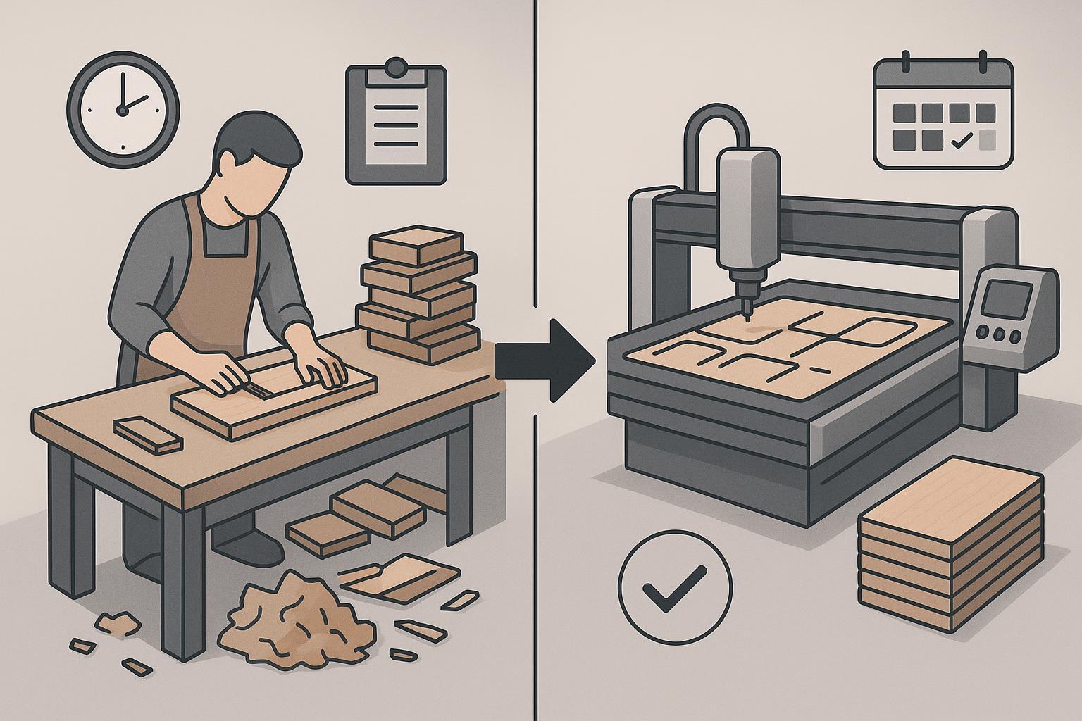 رسم توضيحي يقارن بين مشكلات الإنتاج اليدوي ومكاسب سير العمل الناتجة عن إضافة ماكينة راوتر CNC