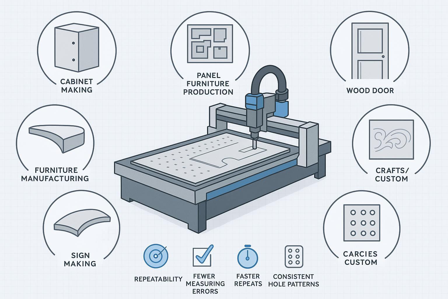 رسم توضيحي: تطبيقات CNC في النجارة—ألواح الخزائن وثقوب المفصلات، وأجزاء الألواح المعشقة، ونقش الأبواب وجيوب تركيب الملحقات، ومكونات الأثاث، وحروف اللافتات، ومشغولات النحت البارز.