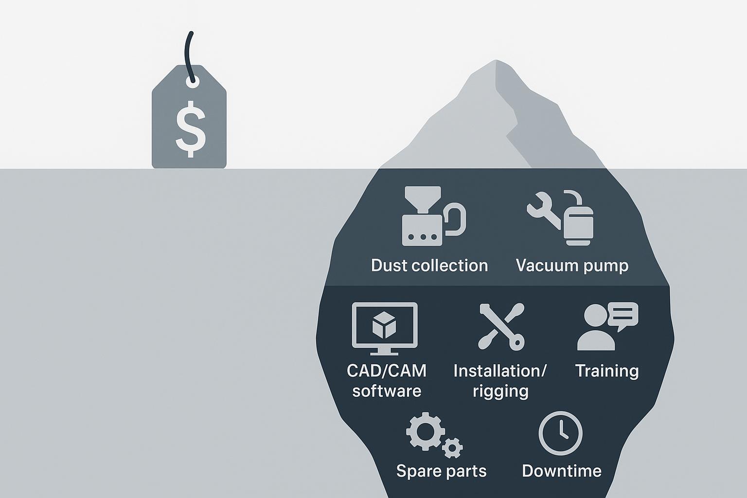 Illustration: Hidden costs beyond the CNC machine price—tooling, software, installation, training, parts, and downtime